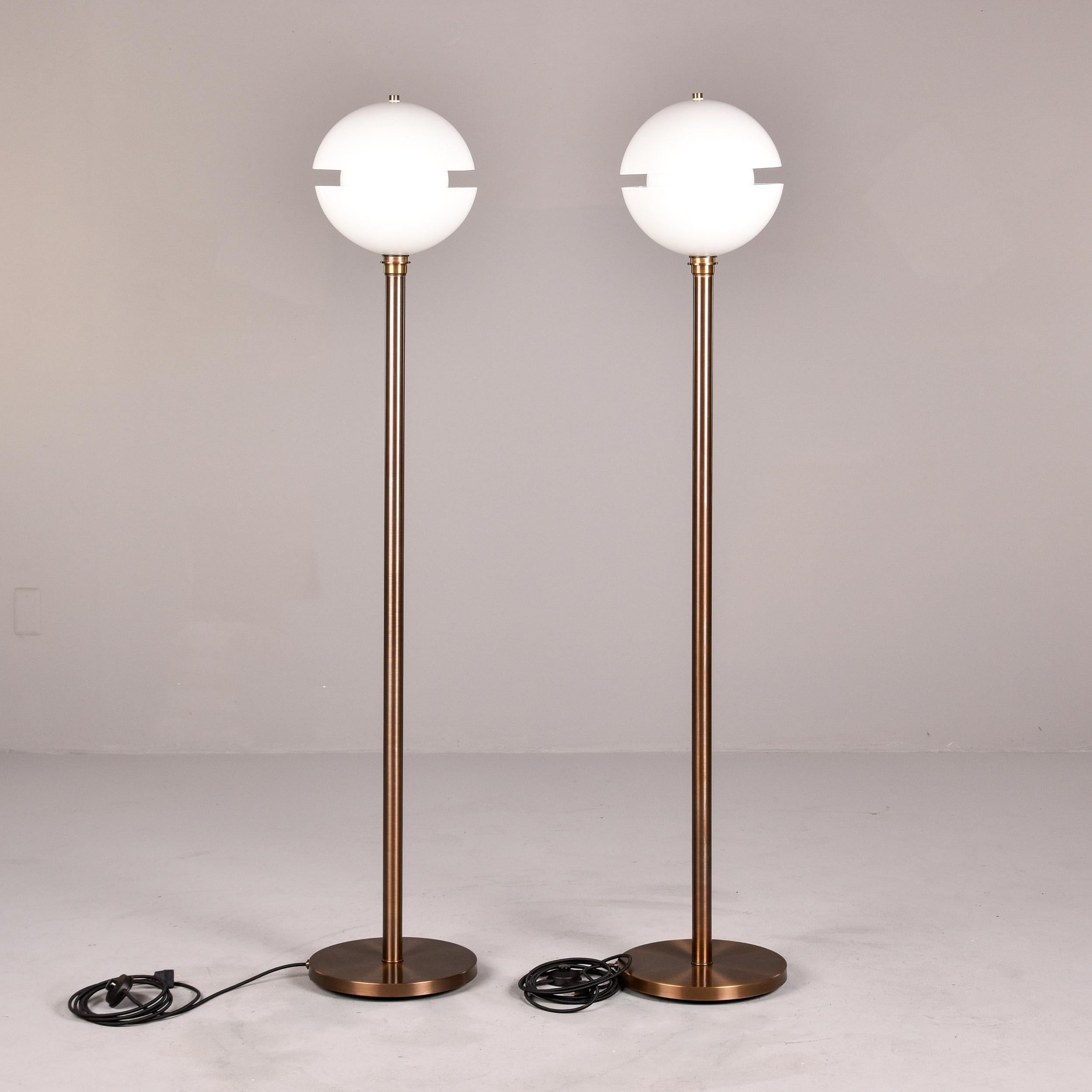 American Pair Bespoke Split Globe Glass Floor Lamps with Dark Brass Base For Sale