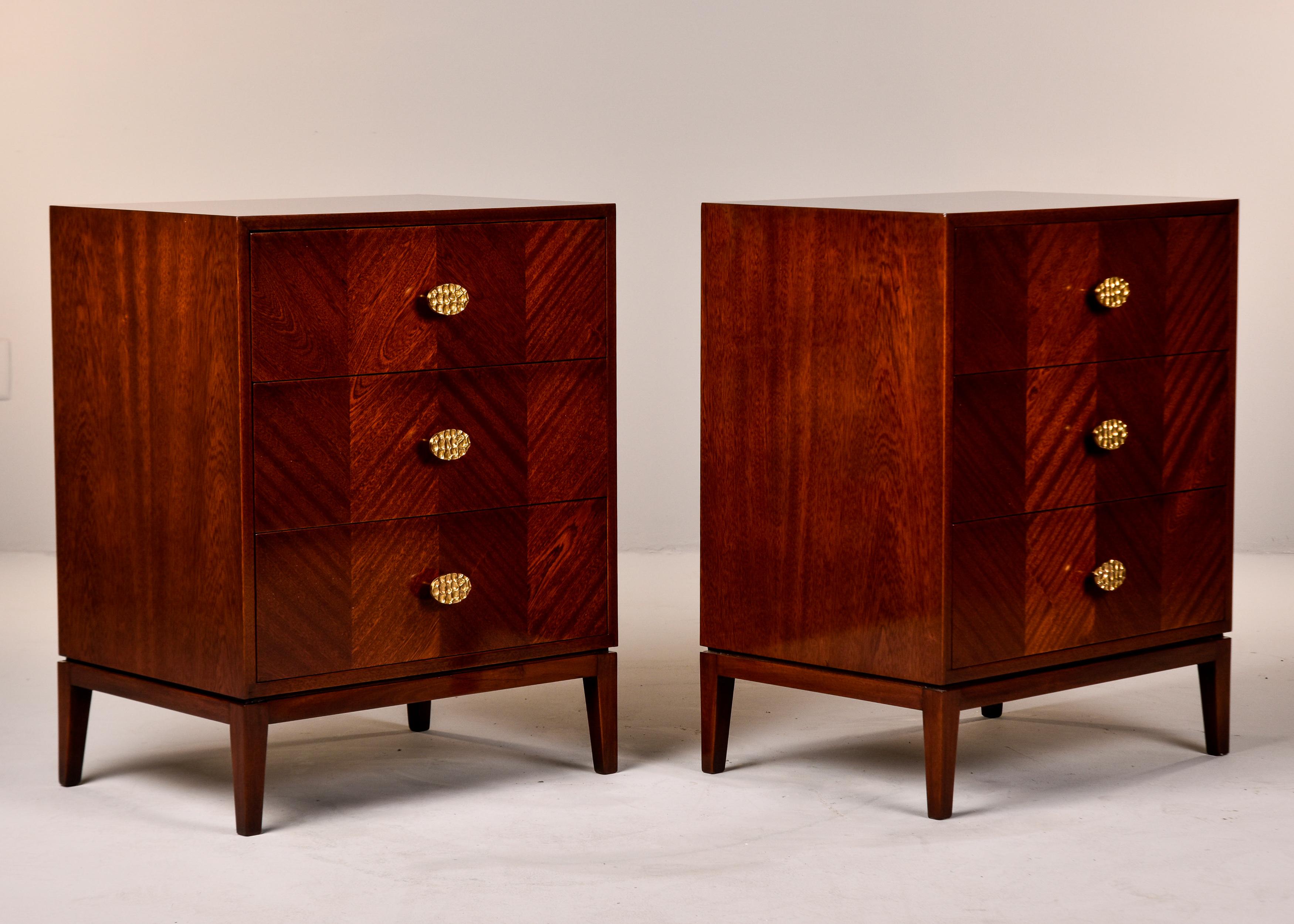 Pair Bespoke Three Drawer Walnut Chests with Brass Hardware For Sale 5