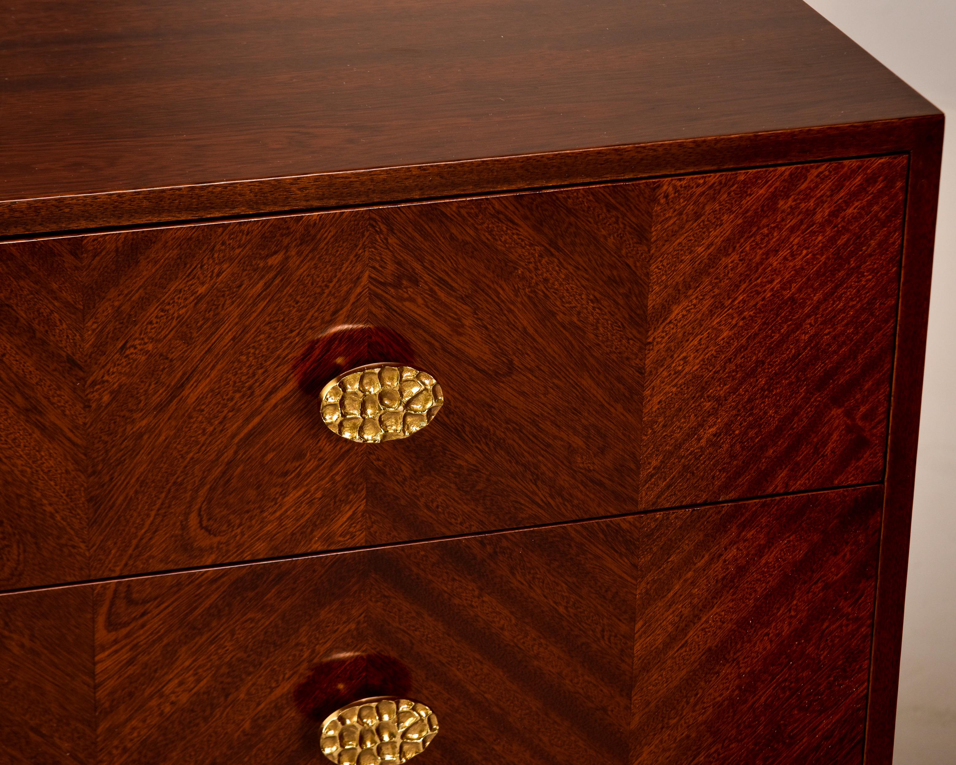 Pair Bespoke Three Drawer Walnut Chests with Brass Hardware For Sale 6