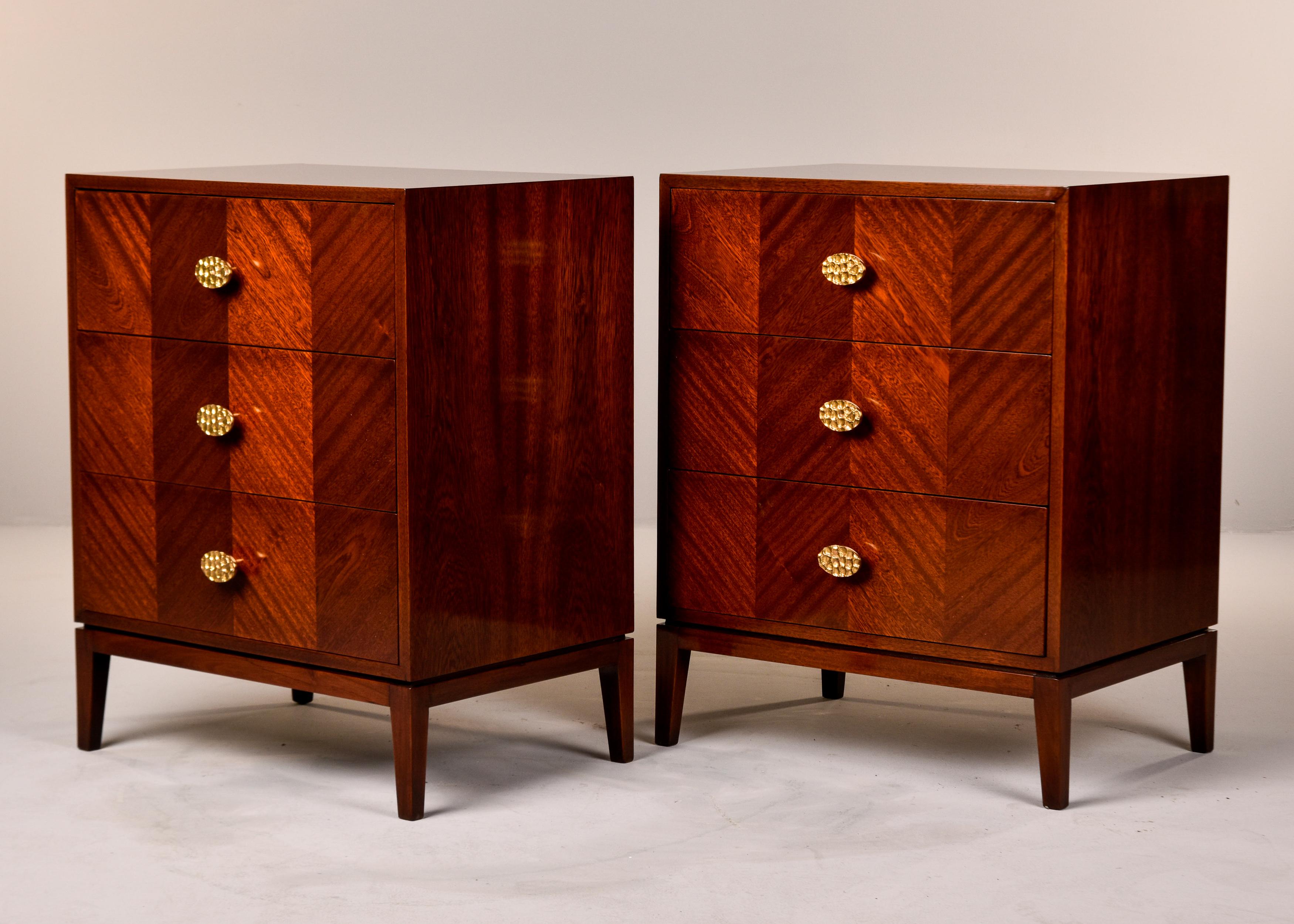 English Pair Bespoke Three Drawer Walnut Chests with Brass Hardware For Sale