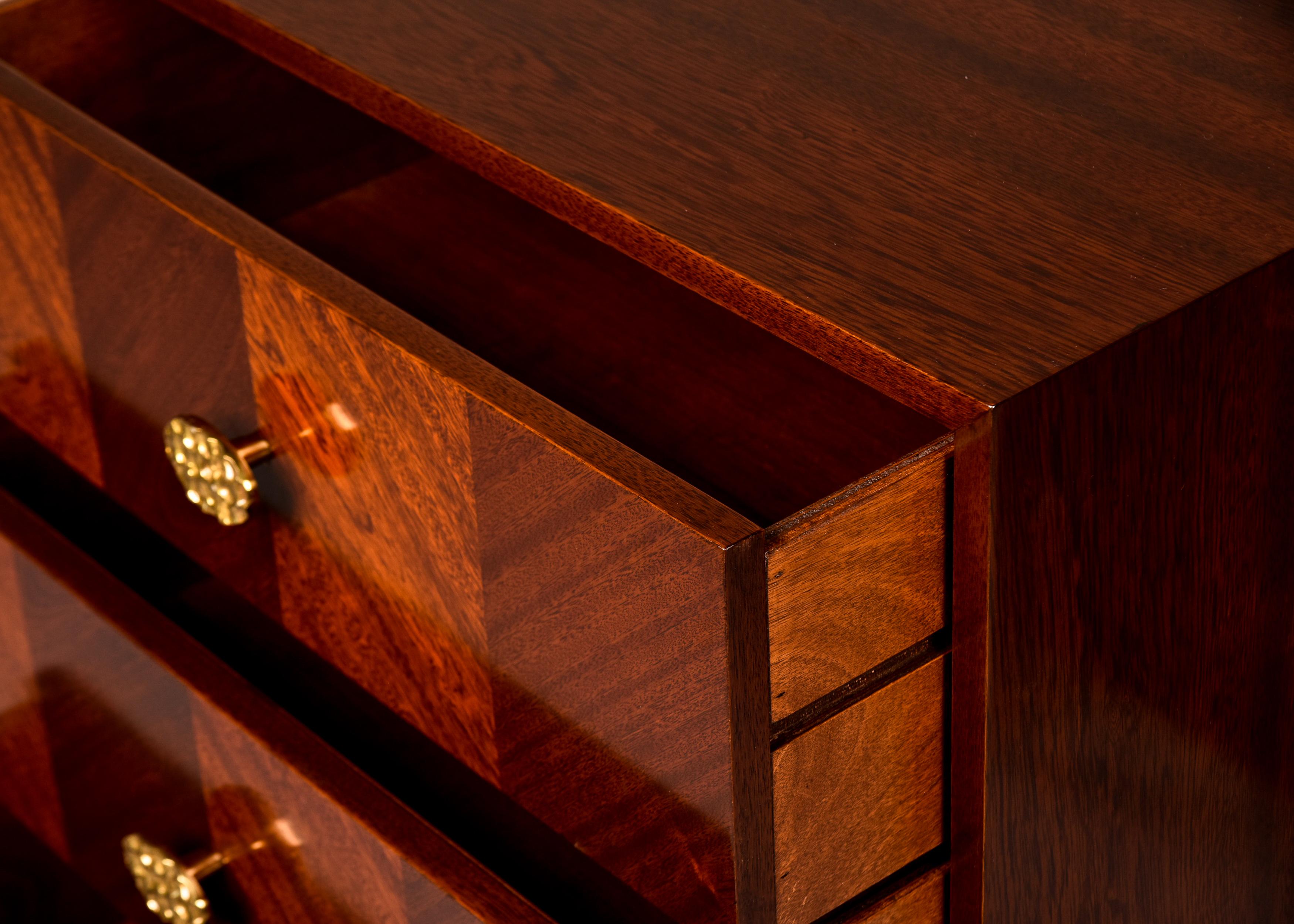 Contemporary Pair Bespoke Three Drawer Walnut Chests with Brass Hardware