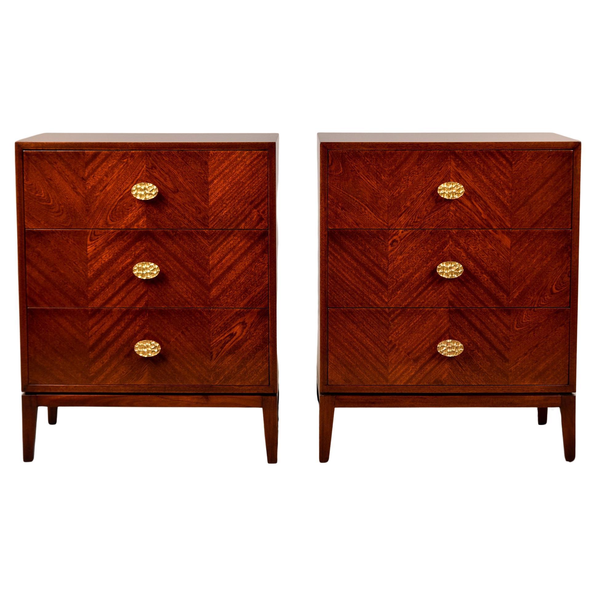 Pair Bespoke Three Drawer Walnut Chests with Brass Hardware For Sale