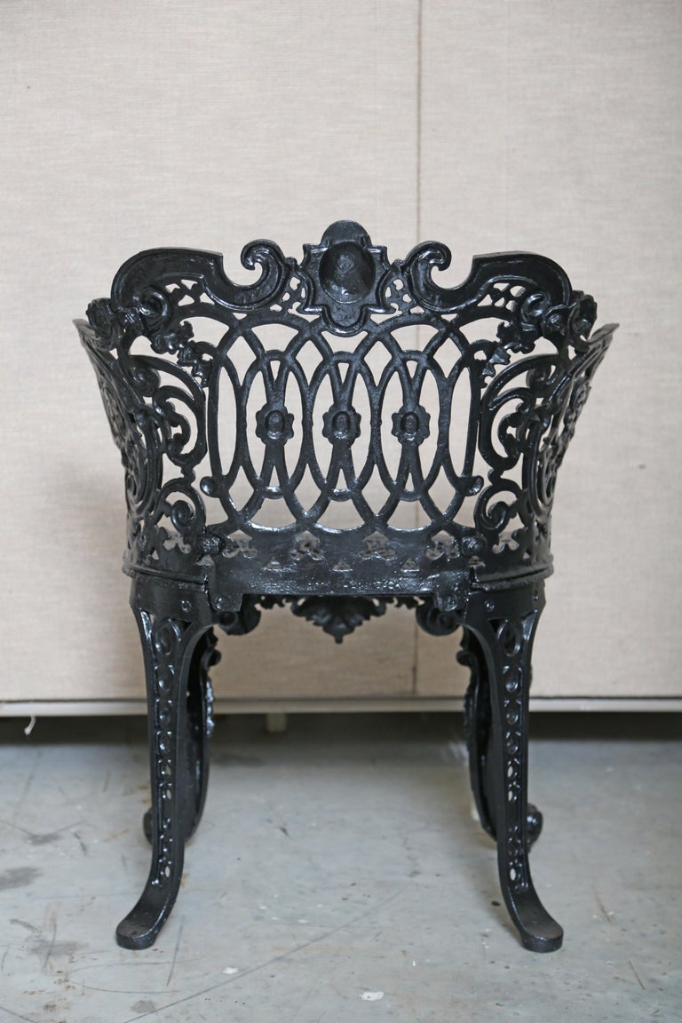 Pair Betsy Ross Pattern Victorian Cast Iron Garden Chairs For Sale at