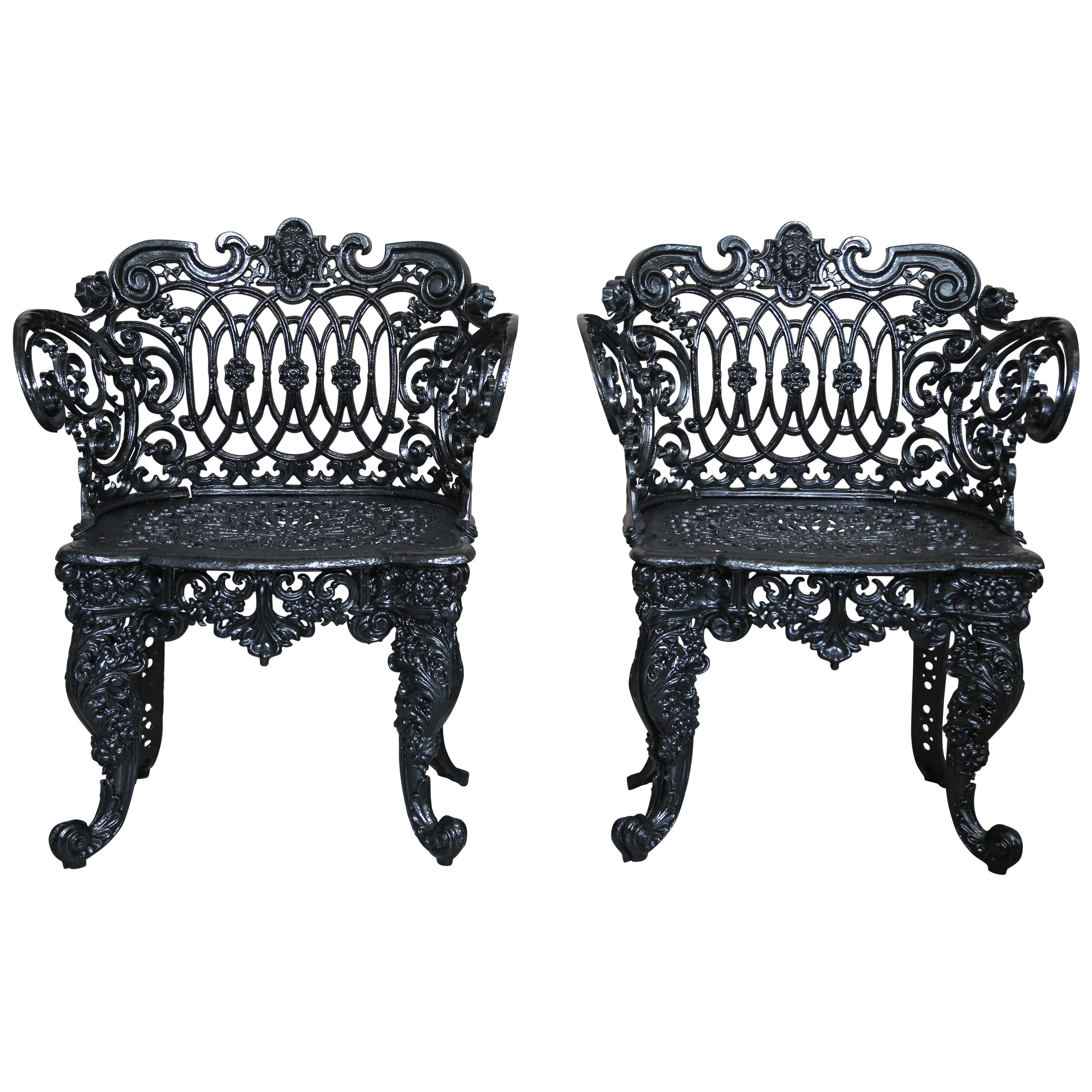 Pair Betsy Ross Pattern Victorian Cast Iron Garden Chairs