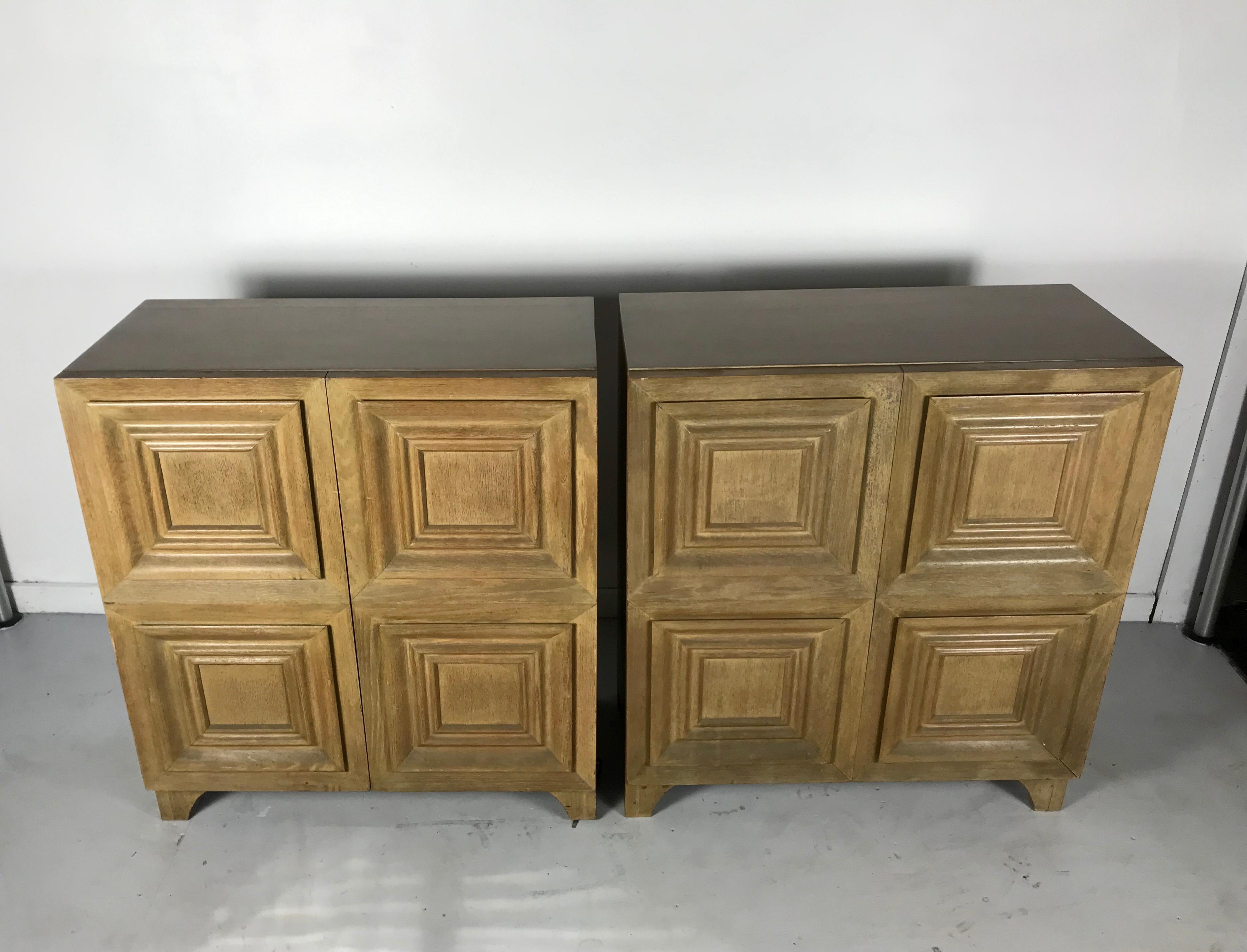 American Pair of Bi-fold Panel Front 5-Drawer Cerused Dressers by Romweber Regency Modern
