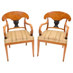 Antique Pair Biedermeier Arm Chairs Swedish Satin Birch Furniture, 1910