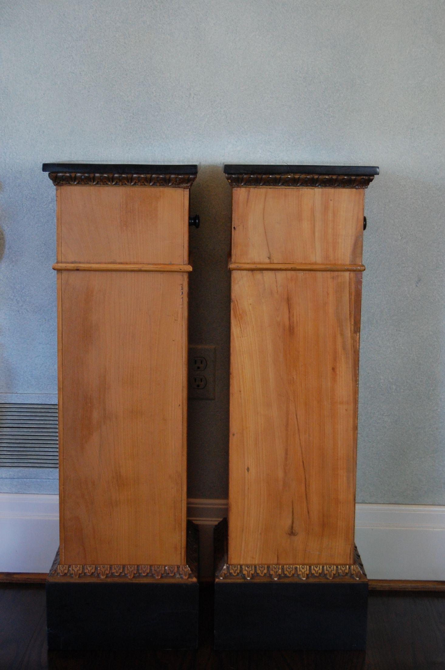 Pair Biedermeier Pedestals circa 1800-1830 with Black Lacquered Tops & Drawers In Good Condition In Pittsburgh, PA