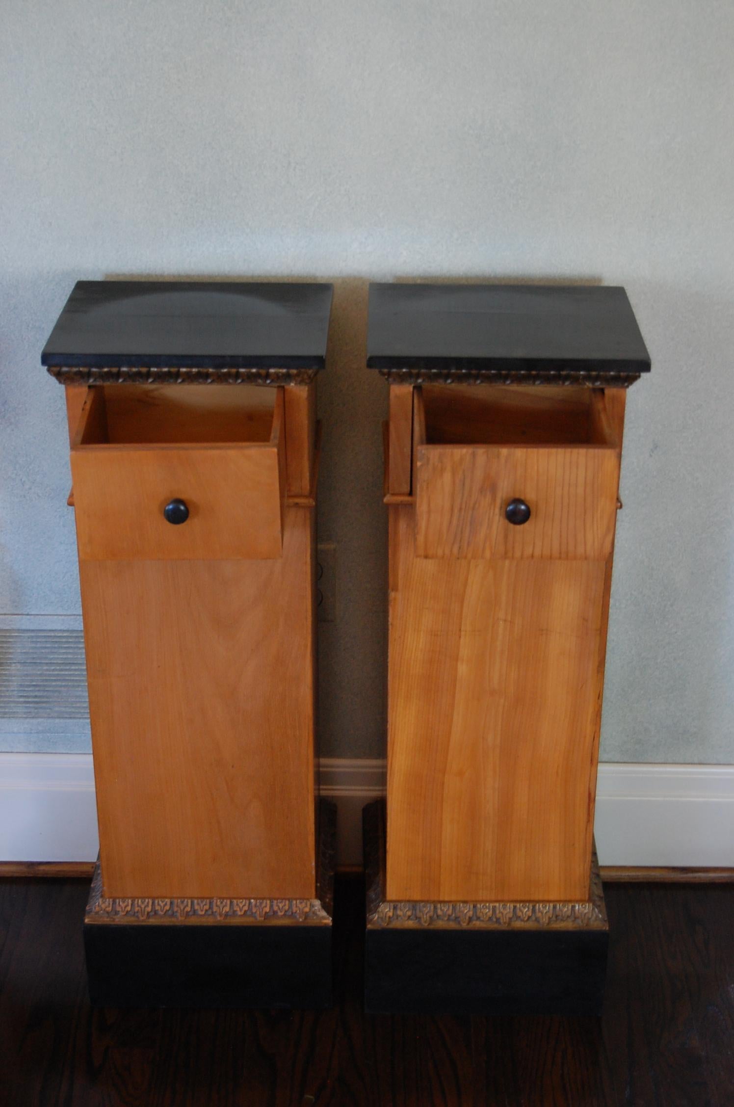 19th Century Pair Biedermeier Pedestals circa 1800-1830 with Black Lacquered Tops & Drawers