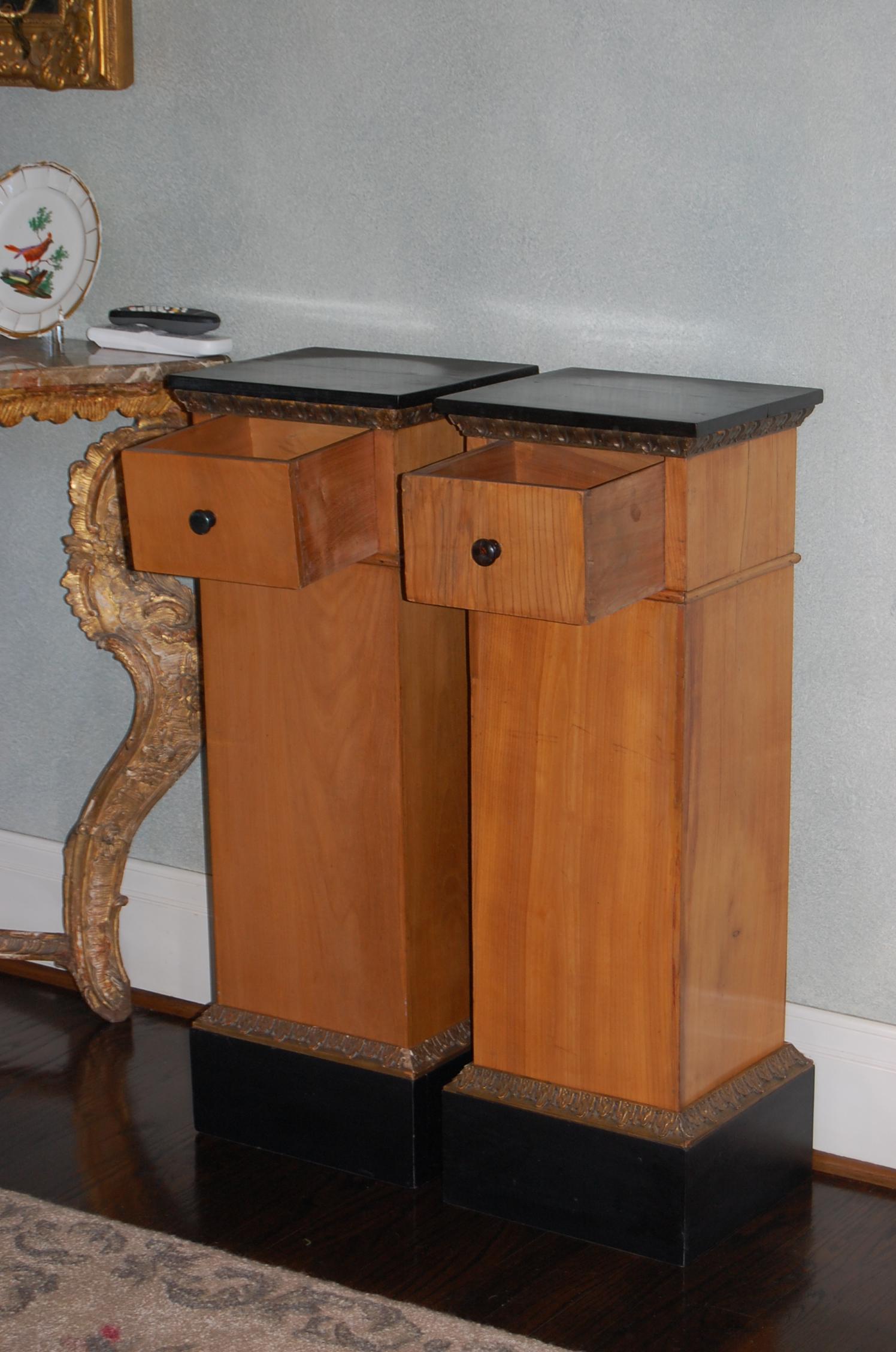 Fruitwood Pair Biedermeier Pedestals circa 1800-1830 with Black Lacquered Tops & Drawers