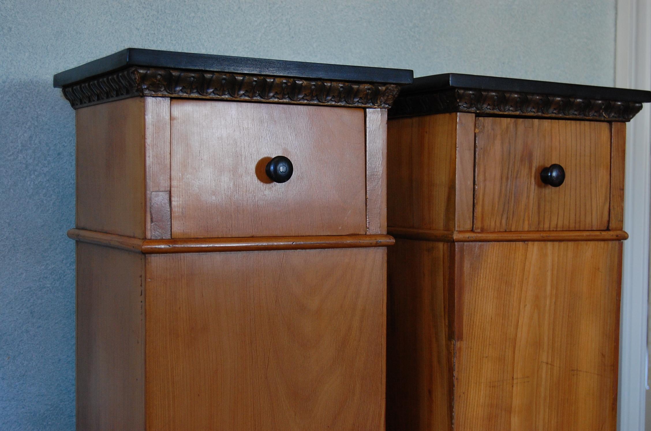 Pair Biedermeier Pedestals circa 1800-1830 with Black Lacquered Tops & Drawers 1