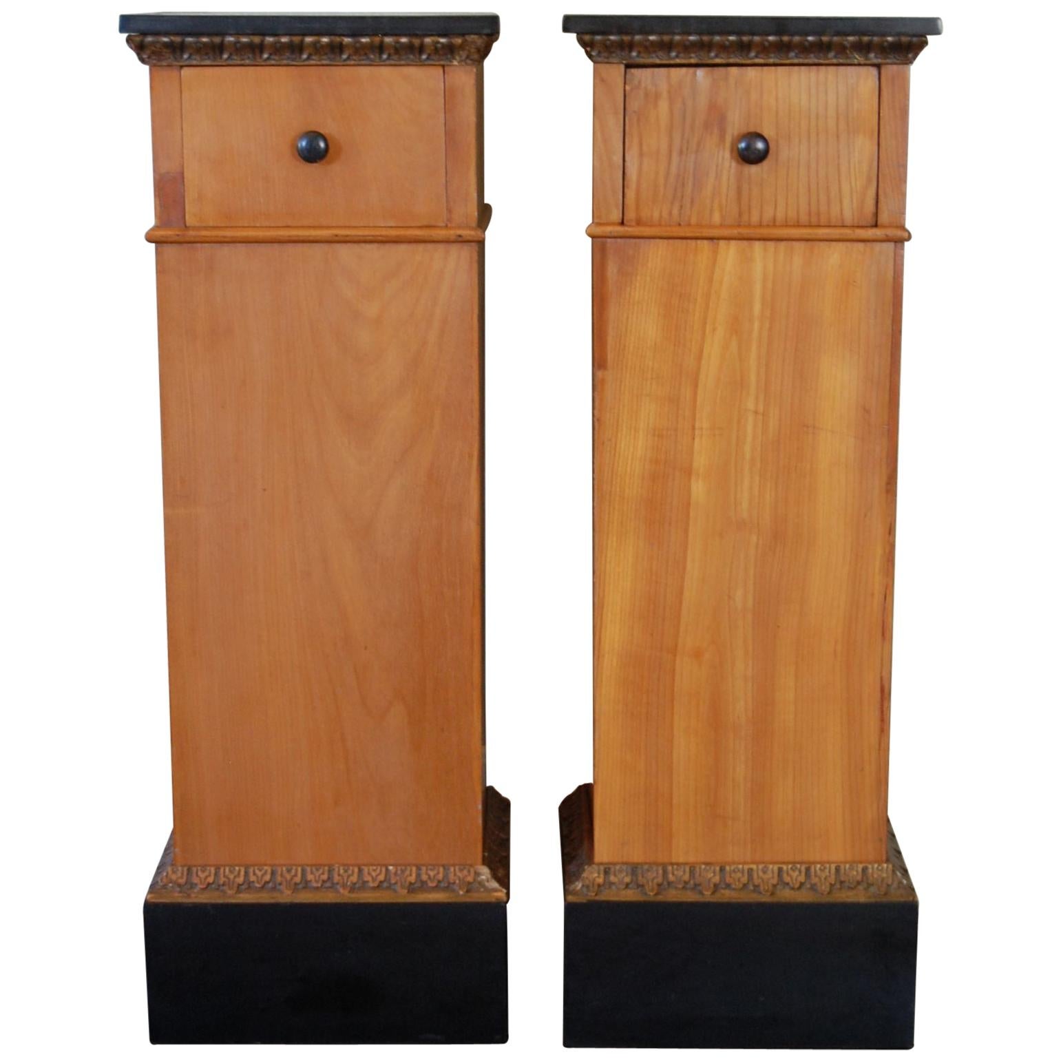 Pair Biedermeier Pedestals circa 1800-1830 with Black Lacquered Tops & Drawers