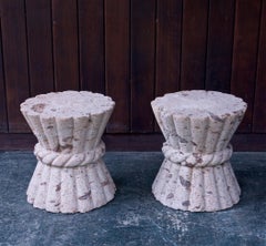 Pair Cast Stone Clay Wheat Sheaf Table Courtyard Pedestal Organic Coral Stools