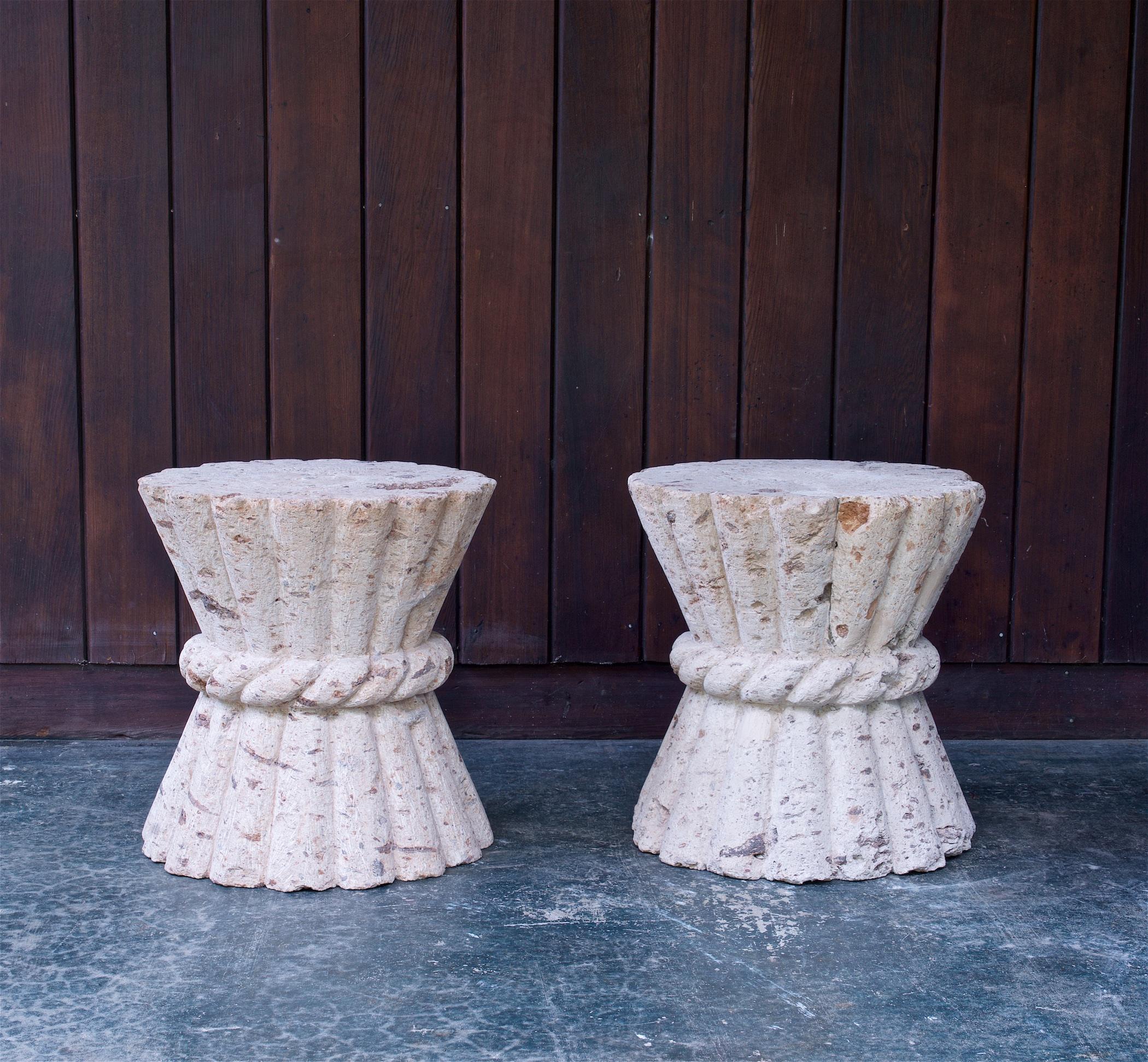 Hollywood Regency Pair Cast Stone Clay Wheat Sheaf Table Courtyard Pedestal Organic Coral Stools For Sale