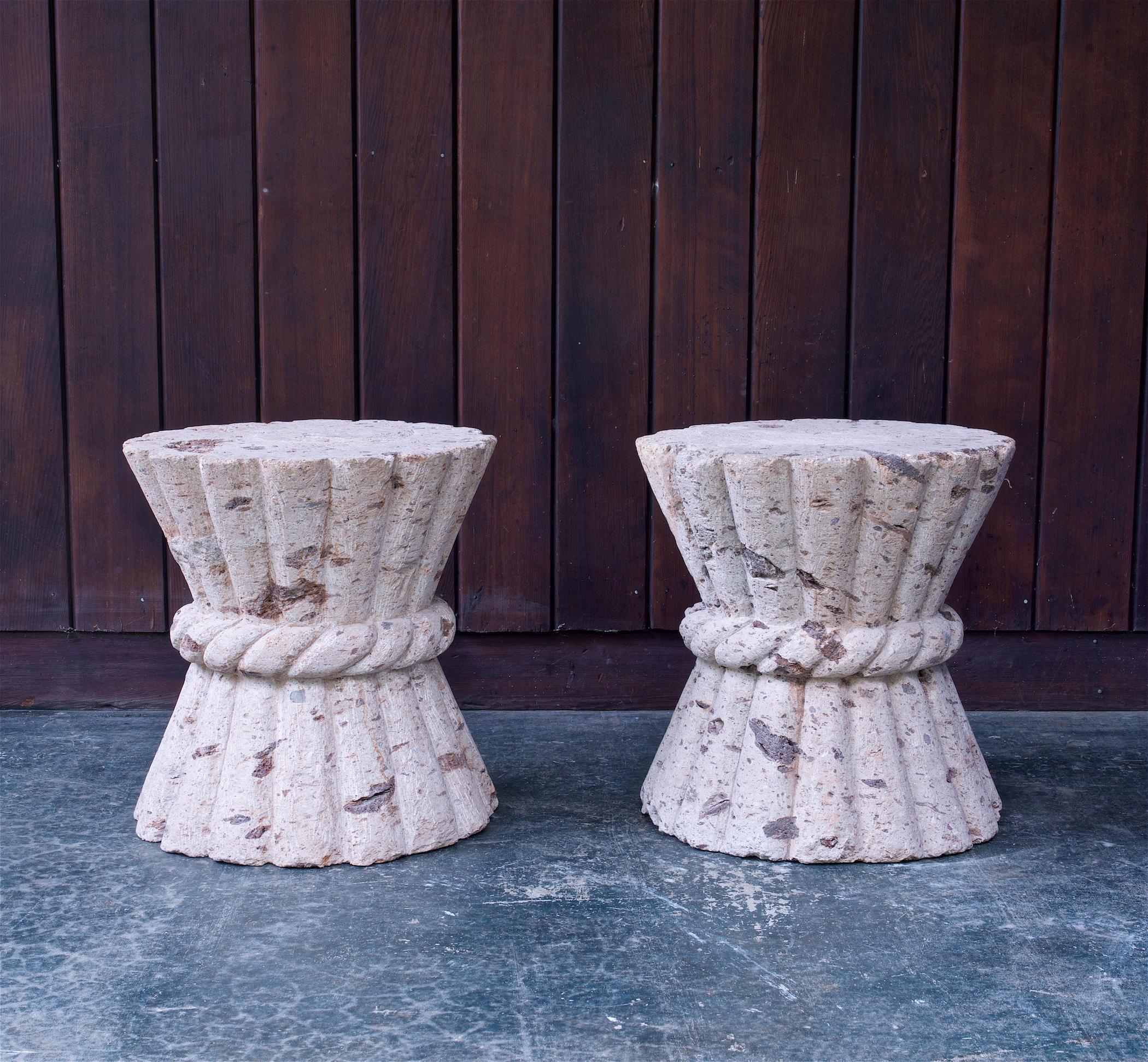 American Pair Cast Stone Clay Wheat Sheaf Table Courtyard Pedestal Organic Coral Stools For Sale