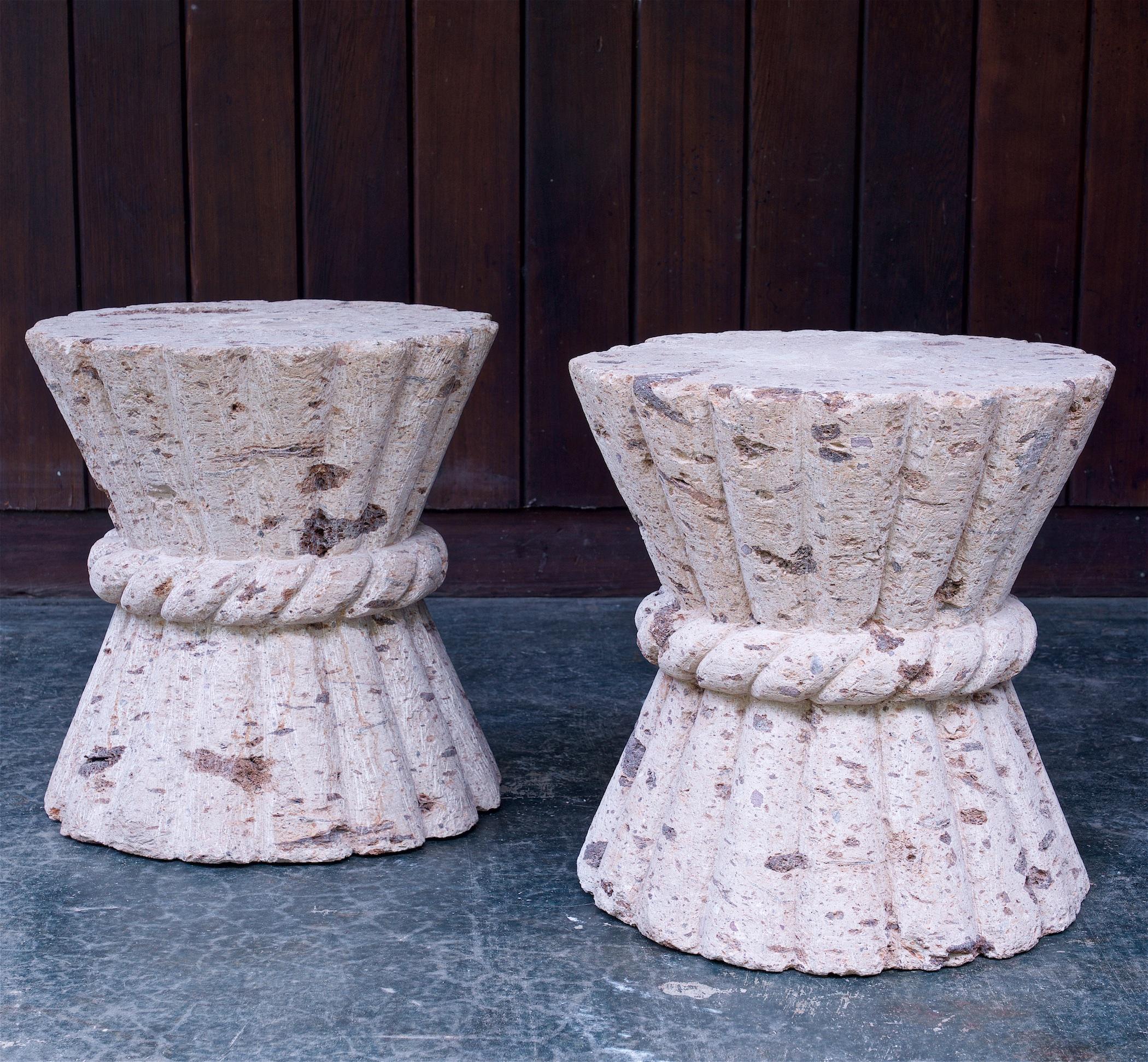 Molded Pair Cast Stone Clay Wheat Sheaf Table Courtyard Pedestal Organic Coral Stools For Sale