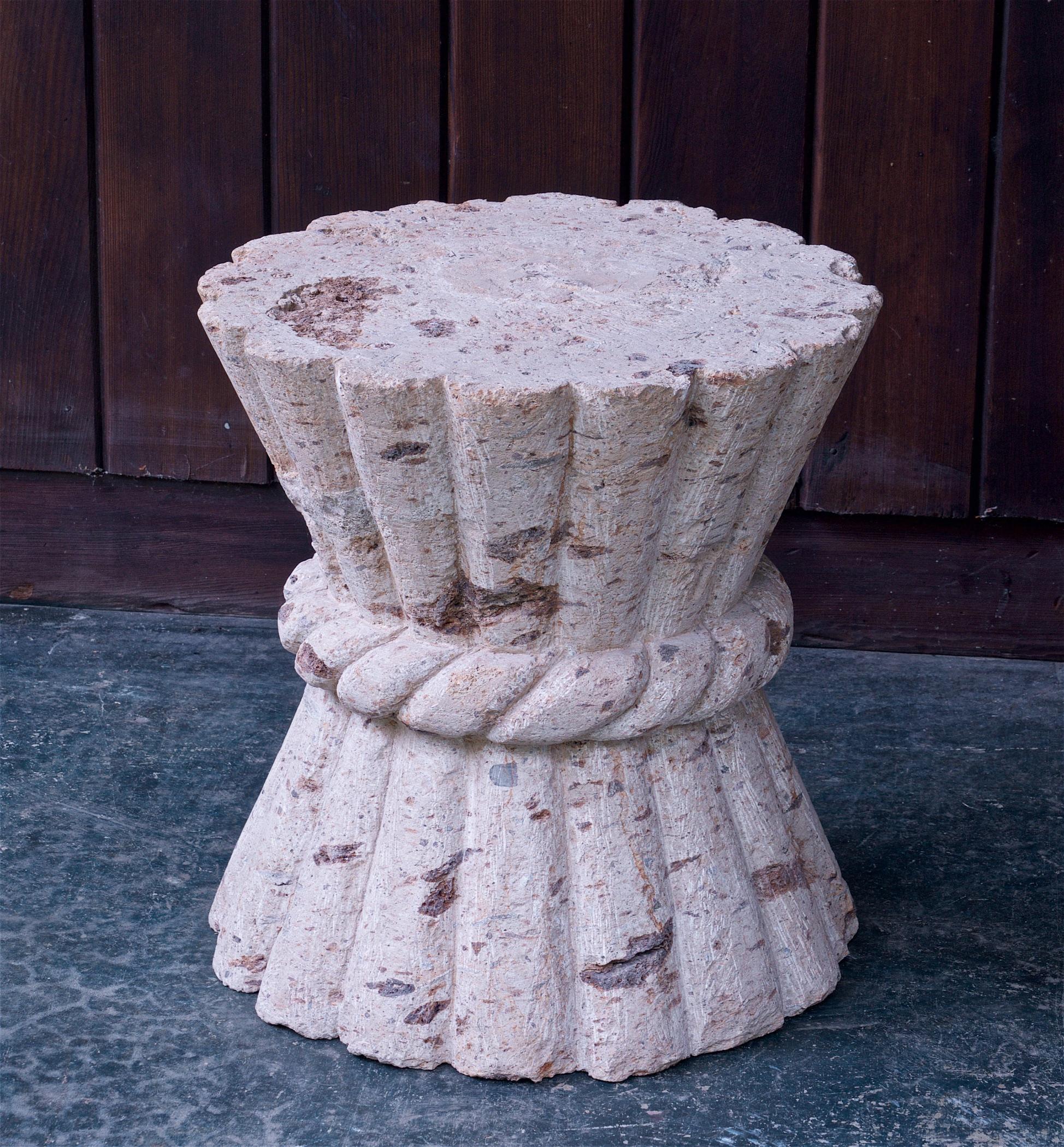 Pair Cast Stone Clay Wheat Sheaf Table Courtyard Pedestal Organic Coral Stools In Distressed Condition For Sale In Hyattsville, MD