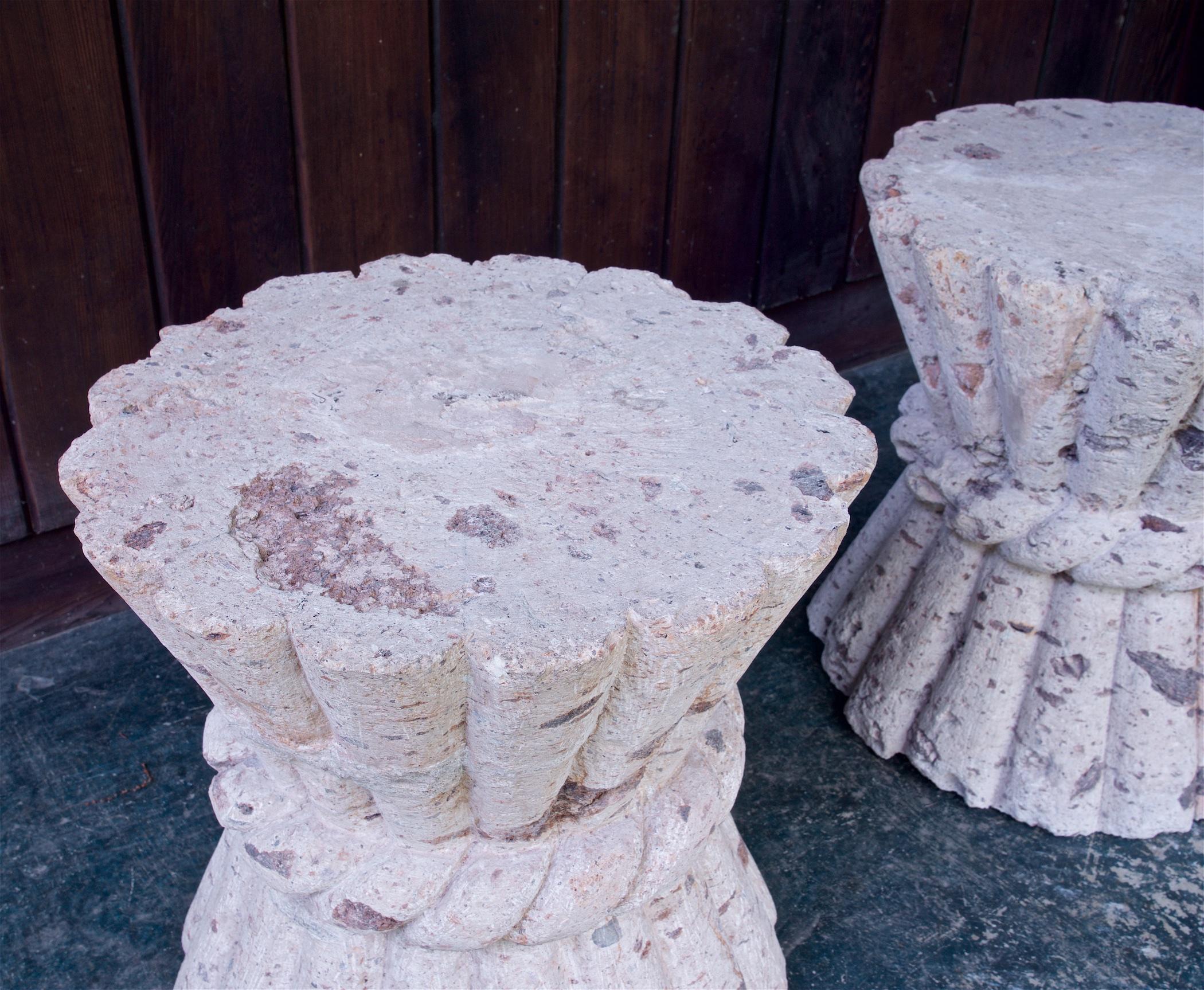Pair Cast Stone Clay Wheat Sheaf Table Courtyard Pedestal Organic Coral Stools For Sale 2