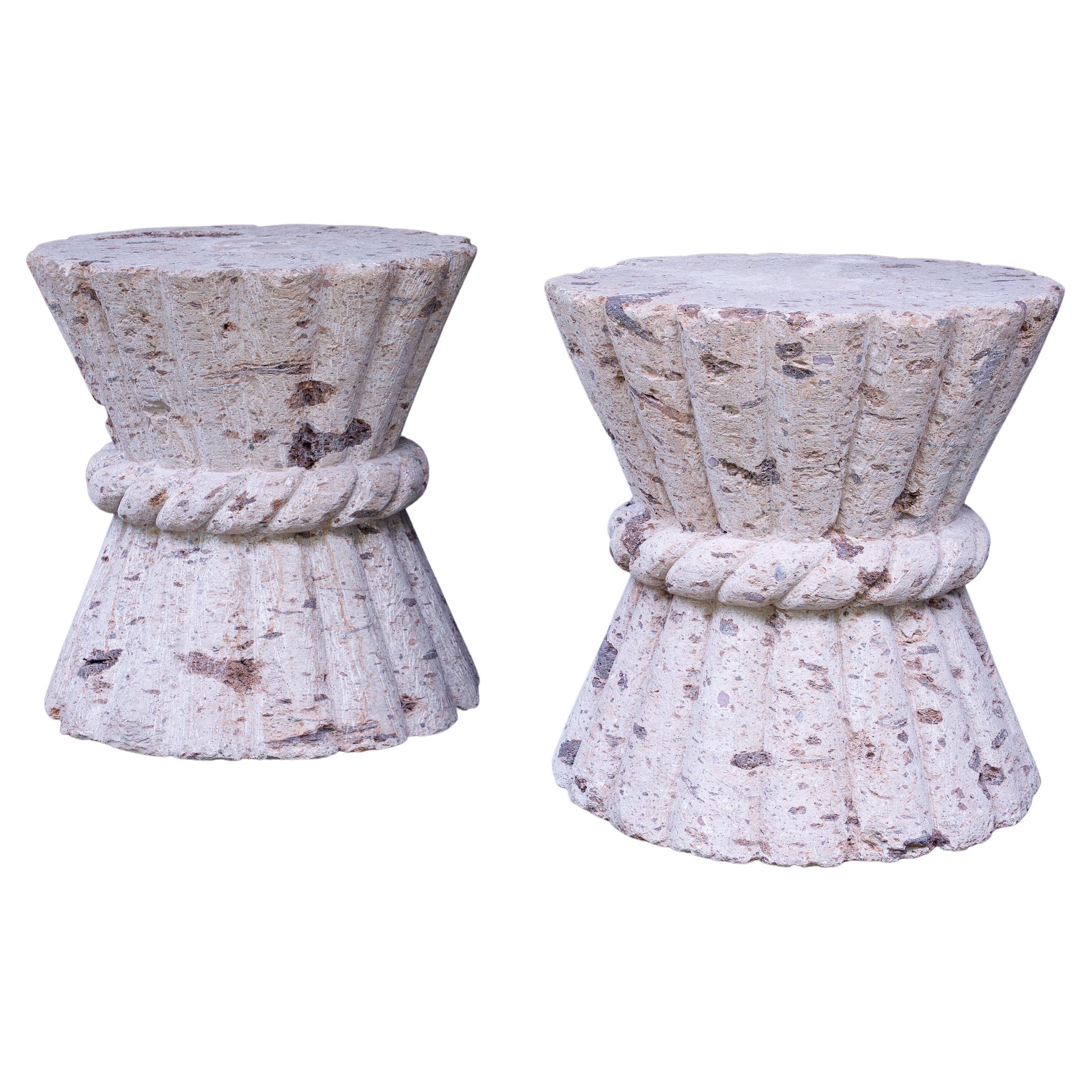Pair Cast Stone Clay Wheat Sheaf Table Courtyard Pedestal Organic Coral Stools For Sale