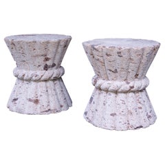 Pair Biege Cast Stone Wheat Sheaf Table Courtyard Pedestal Organic Coral Glam