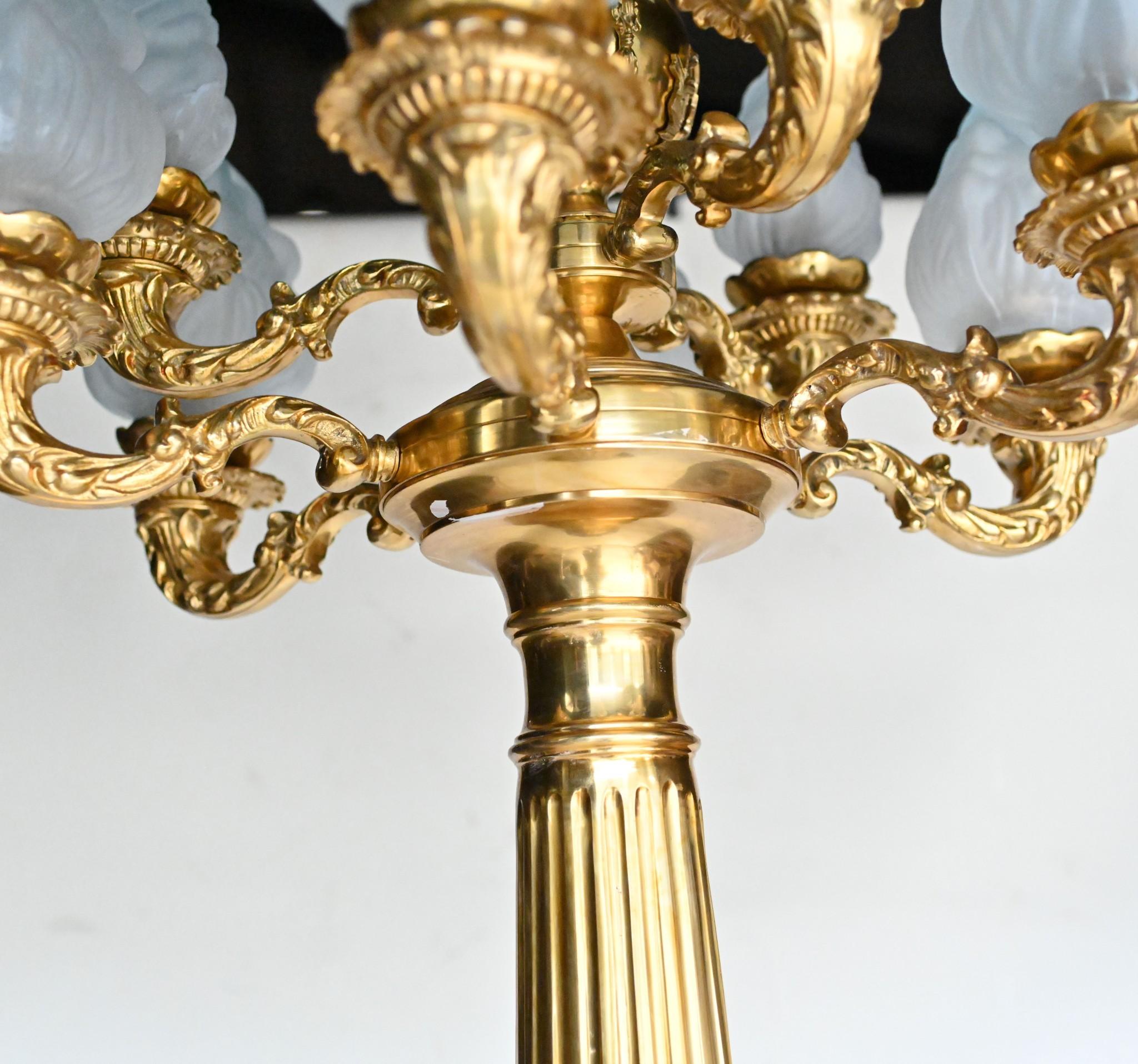 Late 20th Century Pair Big French Floor Lamps Marble Gilt Architectural Lights Candelabras For Sale
