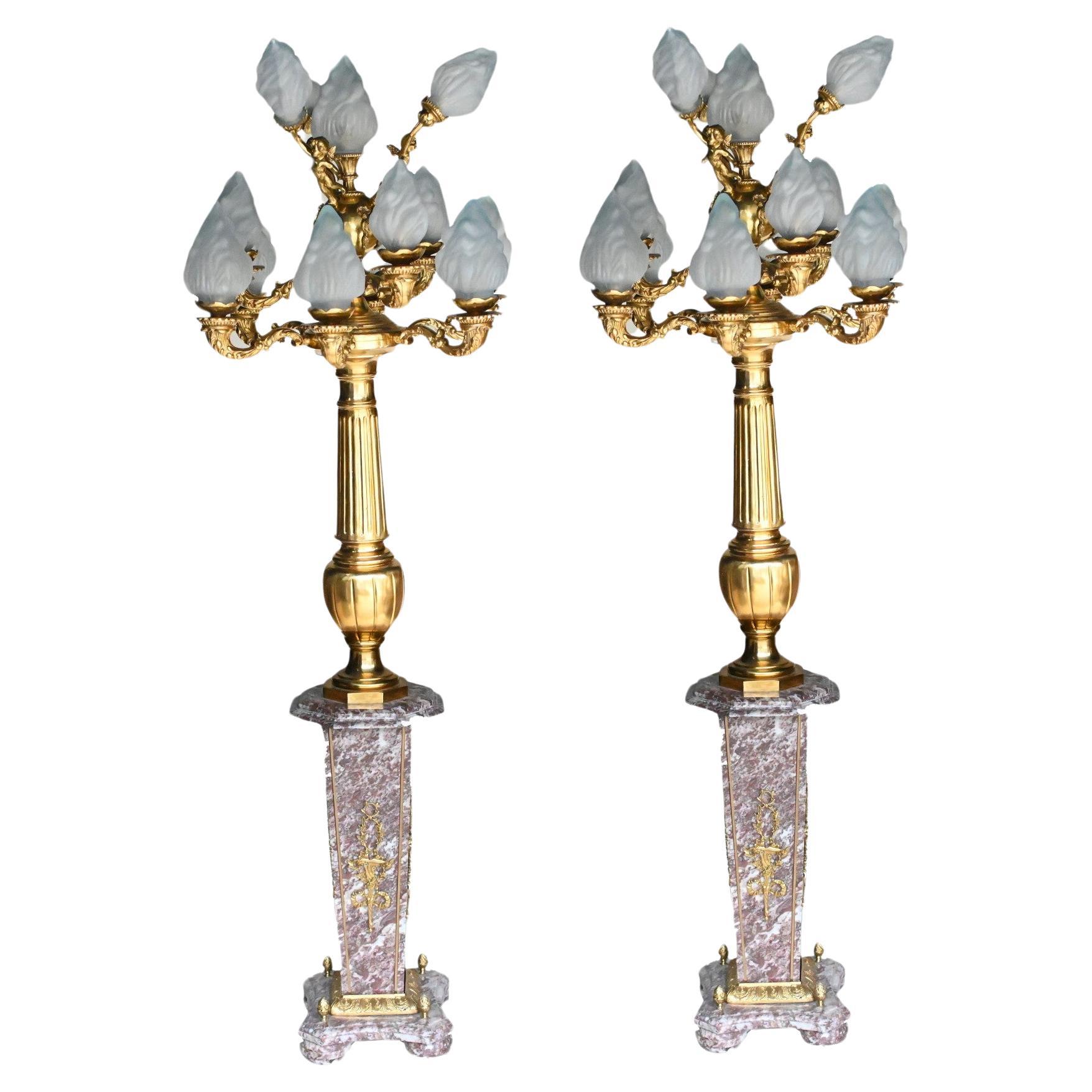 Pair Big French Floor Lamps Marble Gilt Architectural Lights Candelabras