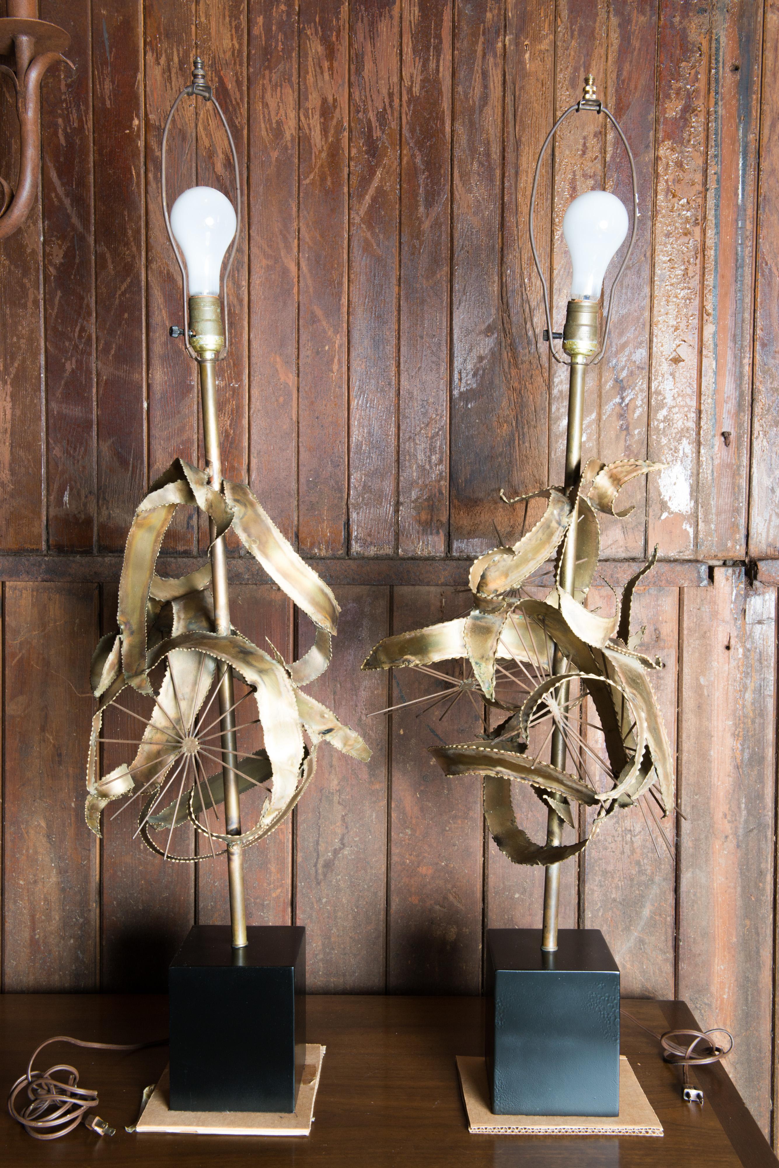 American Pair of Bijan Brass Brutalist Lamps for Laurel