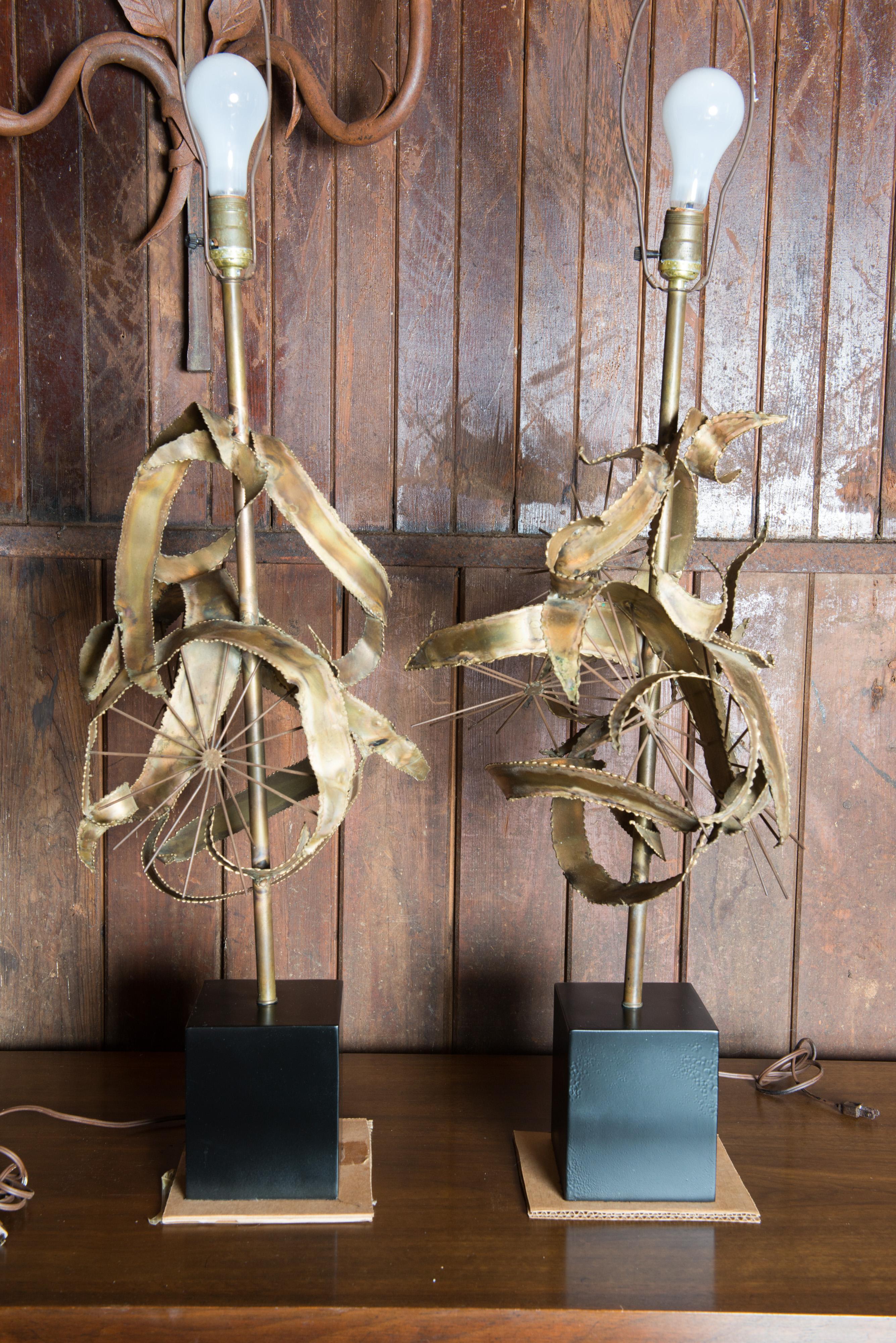 Mid-20th Century Pair of Bijan Brass Brutalist Lamps for Laurel