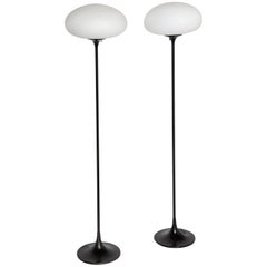 Pair of Bill Curry "Mushroom" Series Black Floor Lamps with White Glass Shades