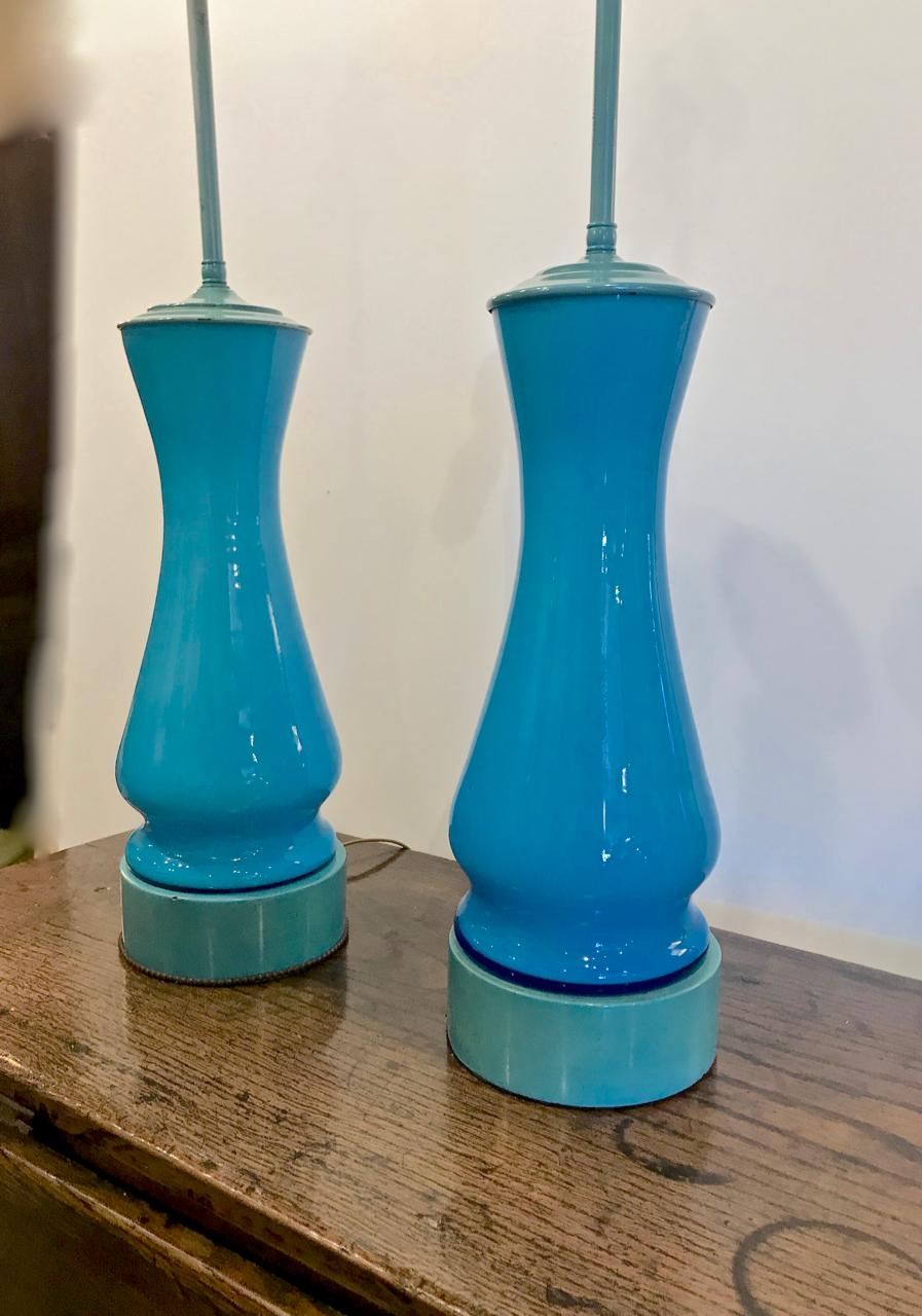 Pair of Billy Haines Blue Opaline Lamps 2