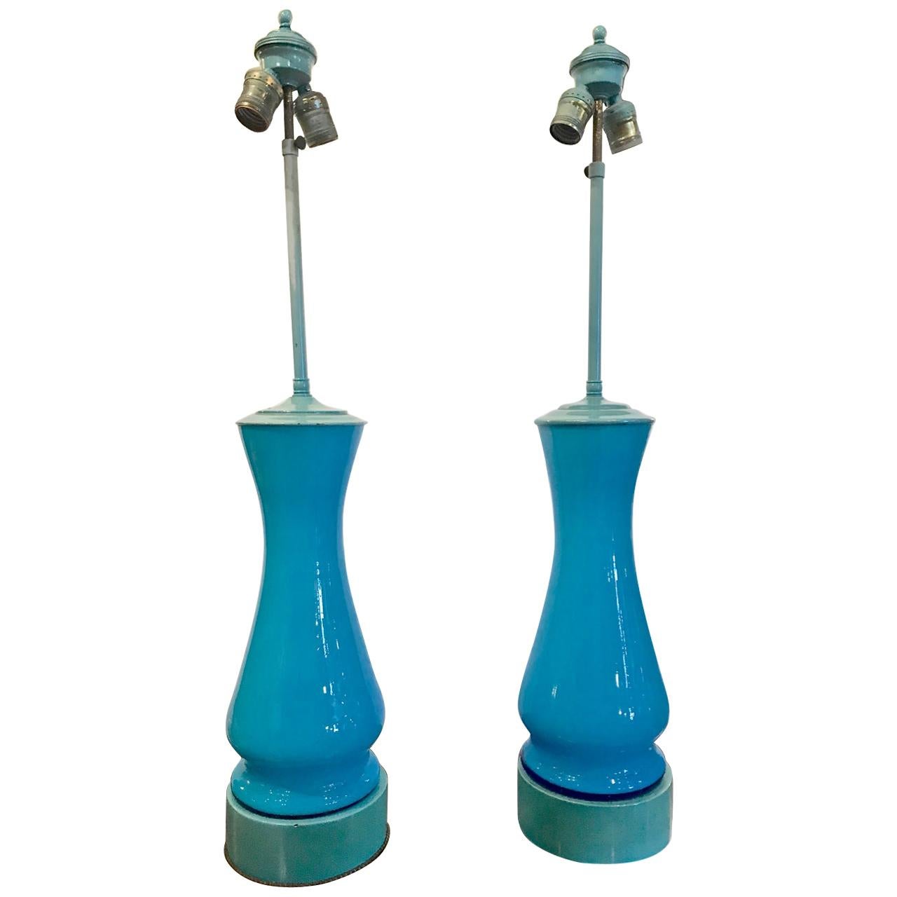 Pair of Billy Haines Blue Opaline Lamps