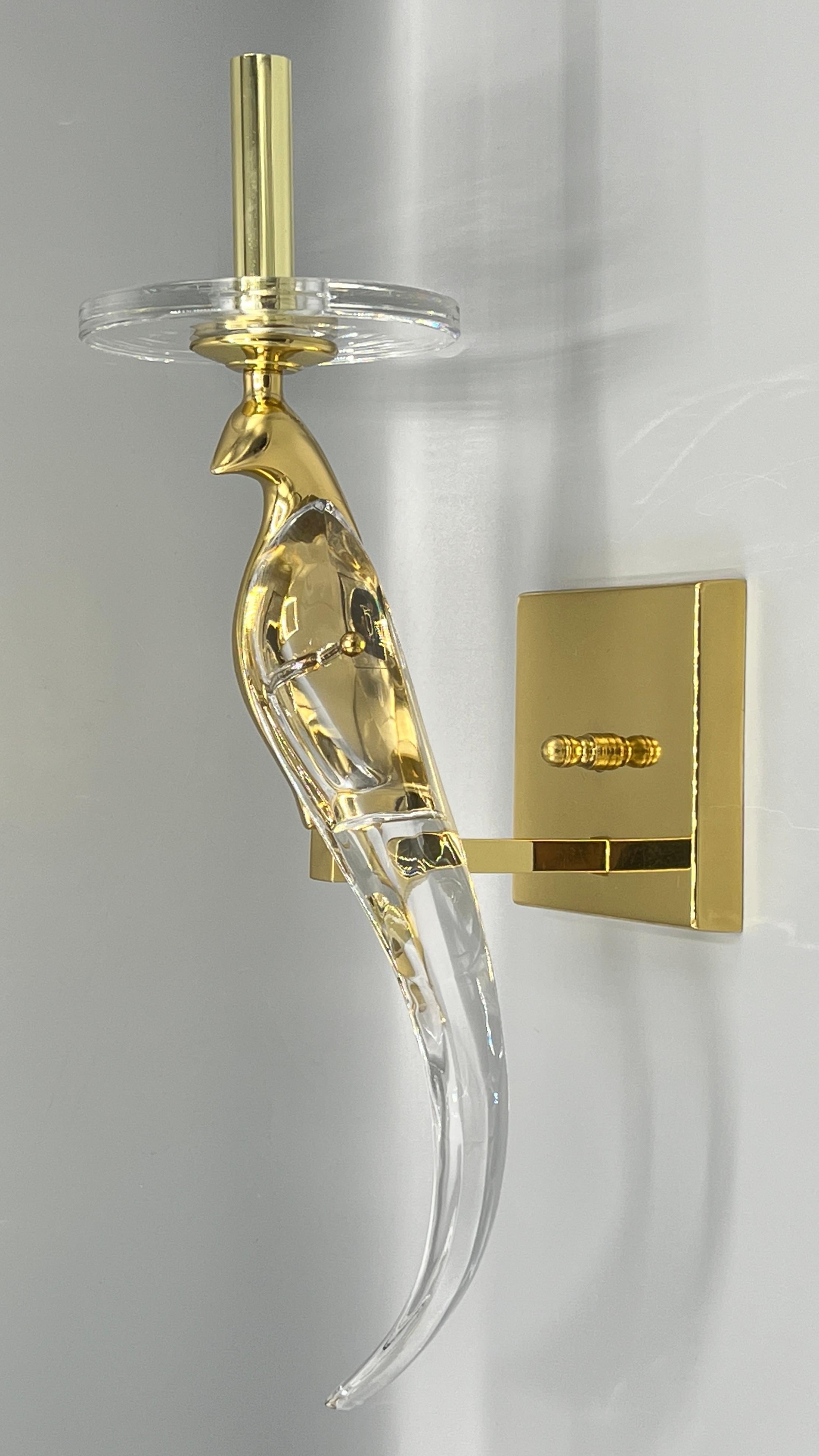 20th Century Pair Bird of Paradise Brass and Glass Sconces by Sergio Orozco for Nulco