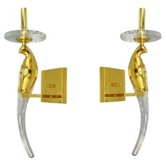 Pair Bird of Paradise Brass and Glass Sconces by Sergio Orozco for Nulco