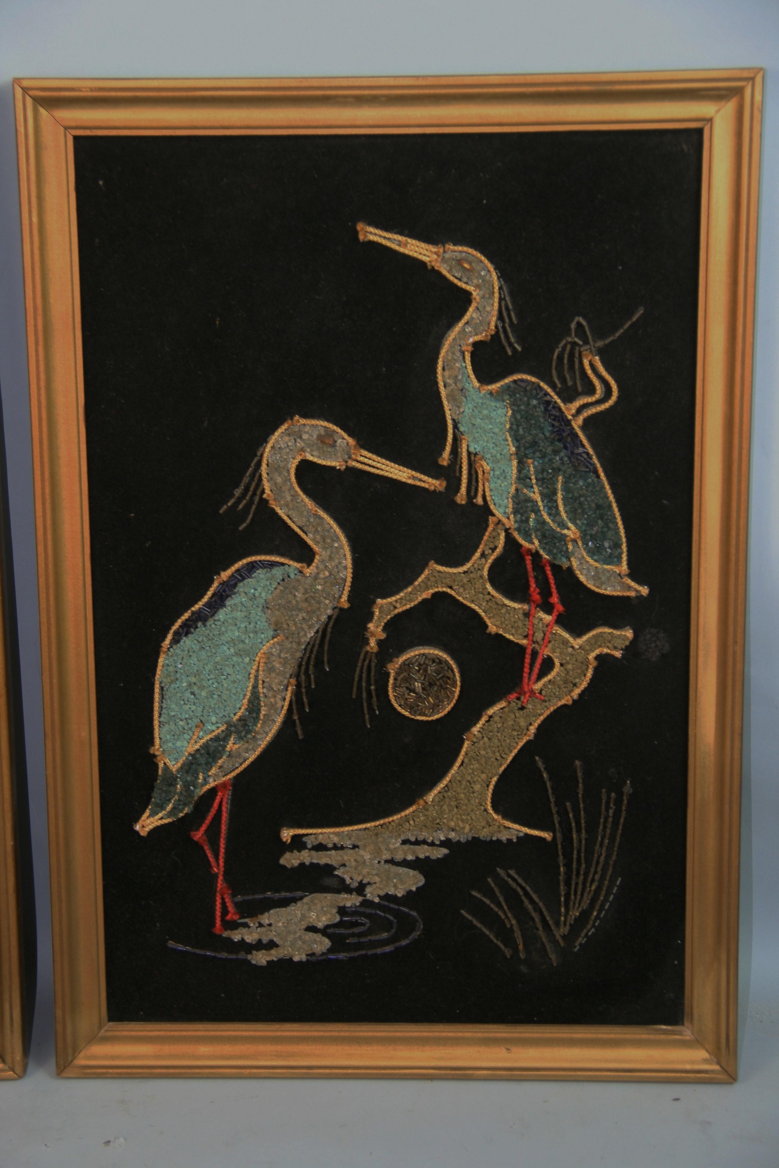 Mid-20th Century Pair Birds Wall Panels Made with Colored Stones and Beads 1950's For Sale