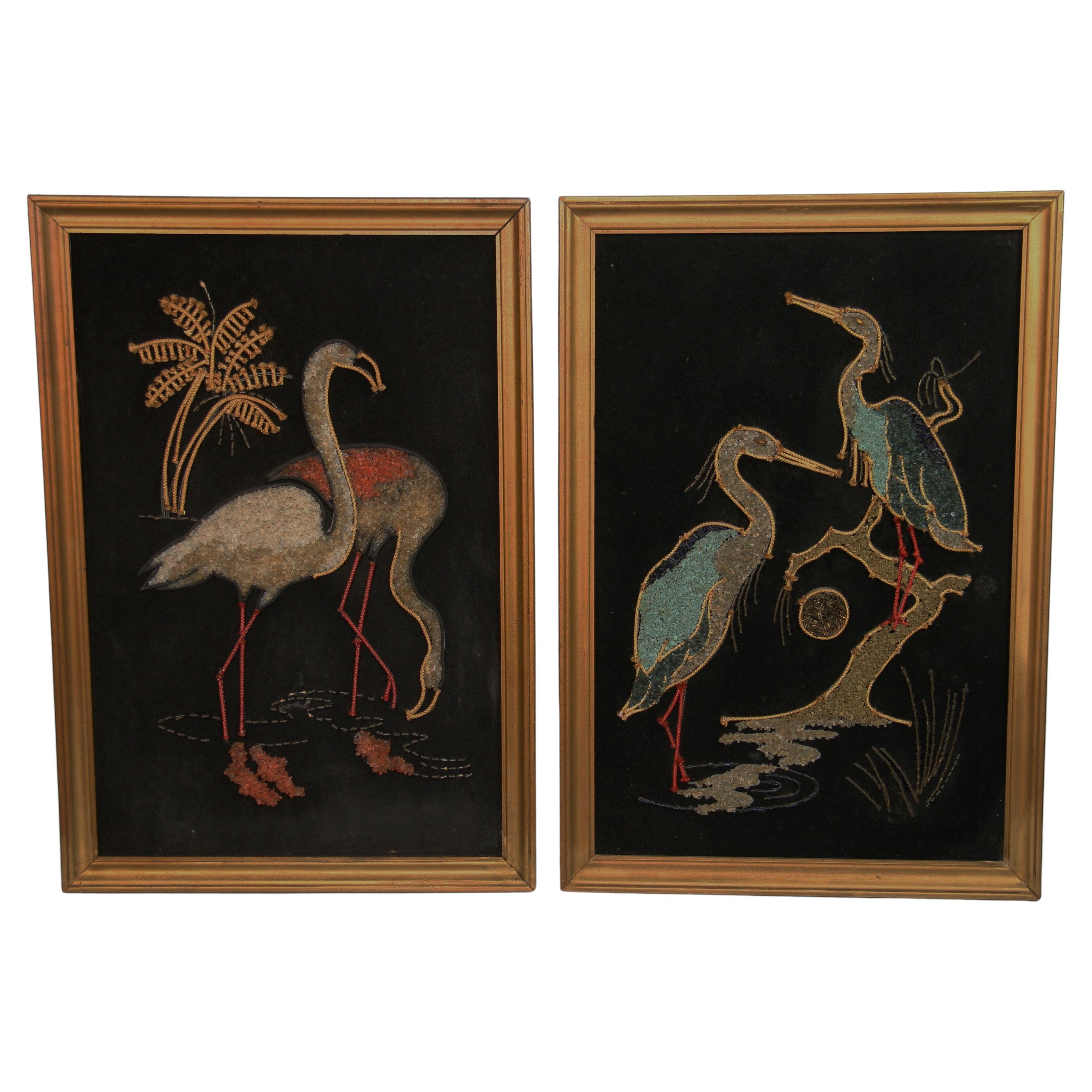 Pair Birds Wall Panels Made with Colored Stones and Beads 1950's For Sale