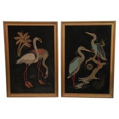 Pair Birds Wall Panels Made with Colored Stones and Beads 1950's
