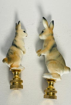 Pair Bisque Porcelain Rabbits as Lamp Finials