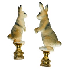 Pair Bisque Porcelain Rabbits as Lamp Finials