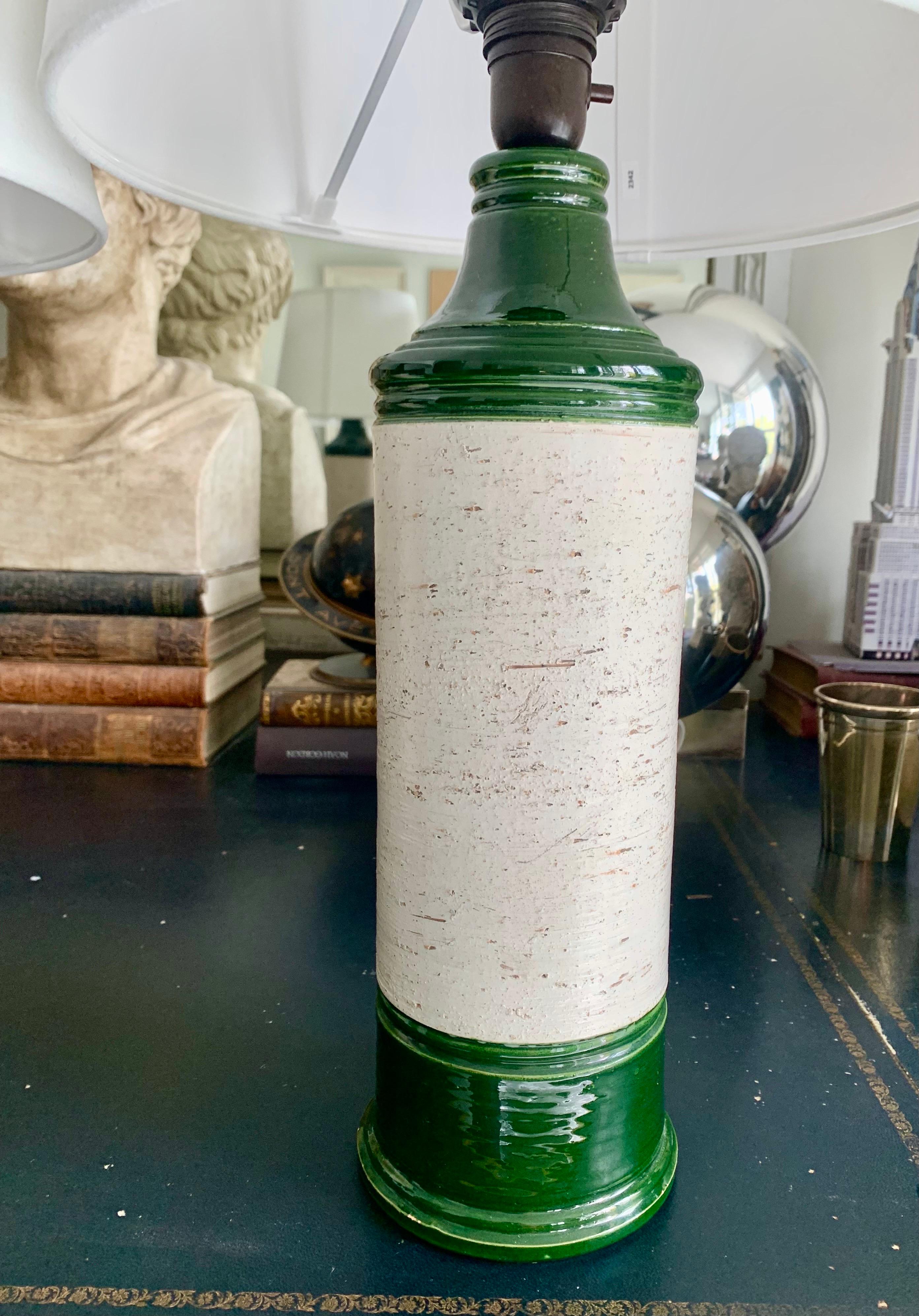 Pair of modern ceramic lamps by Bitossi for the Scandinavian firm Brgboms, with green glazed bands on the top and bottom, and birch glaze application on the central column.