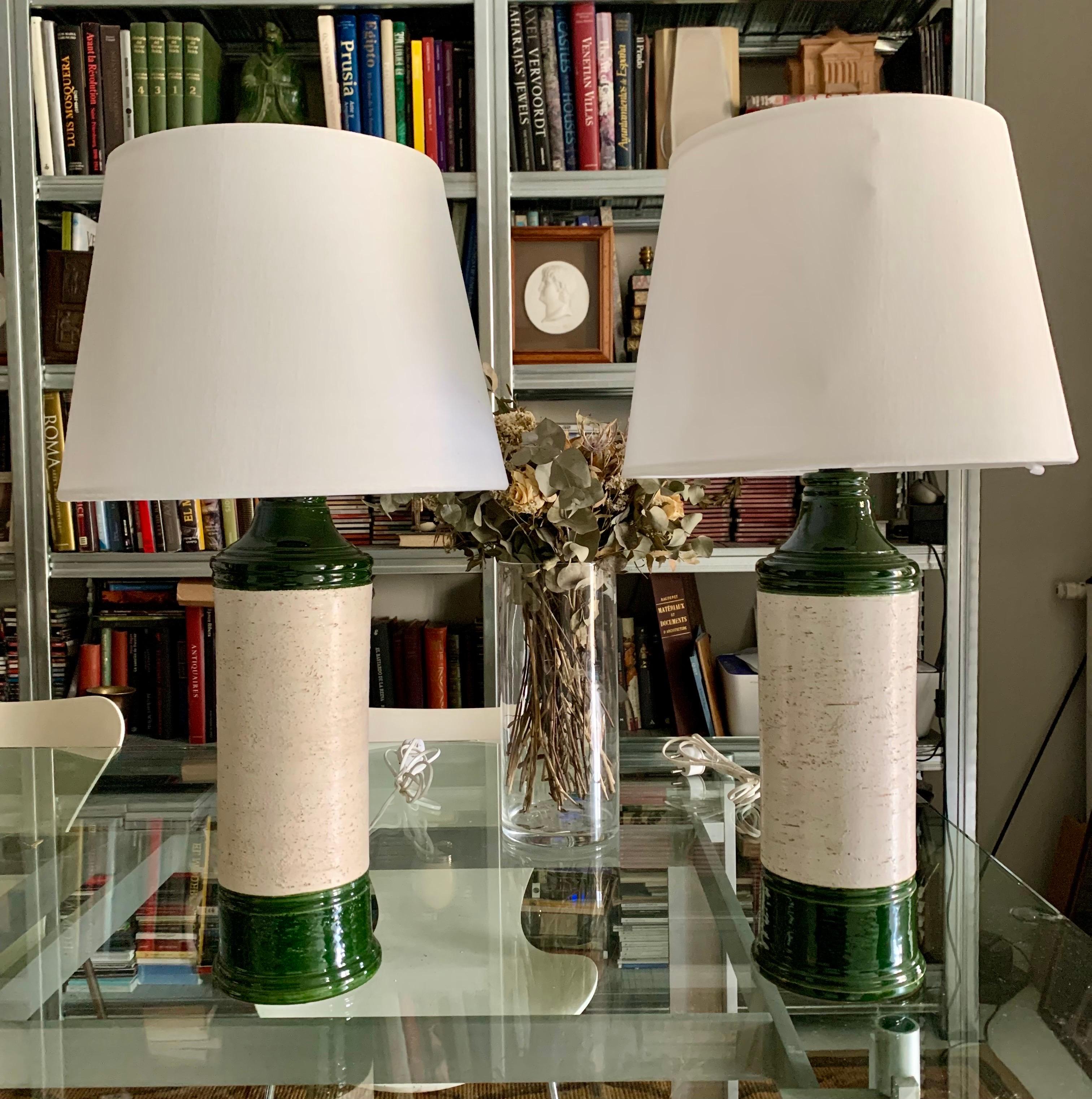 Scandinavian Modern Pair Bitossi Enameled Green Glazec Ceramic Table Lamps For Sale
