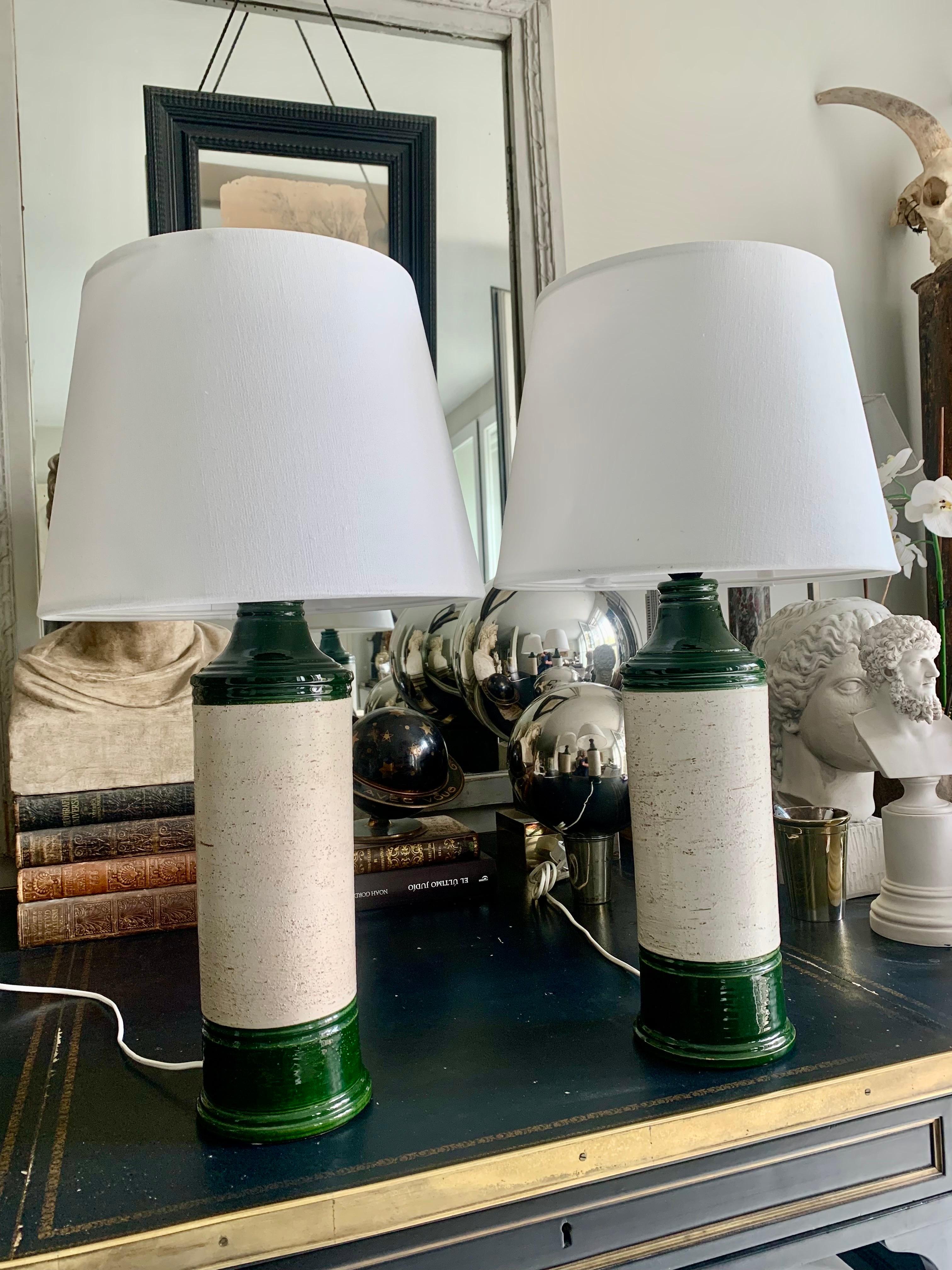 Pair Bitossi Enameled Green Glazec Ceramic Table Lamps In Good Condition For Sale In Madrid, ES