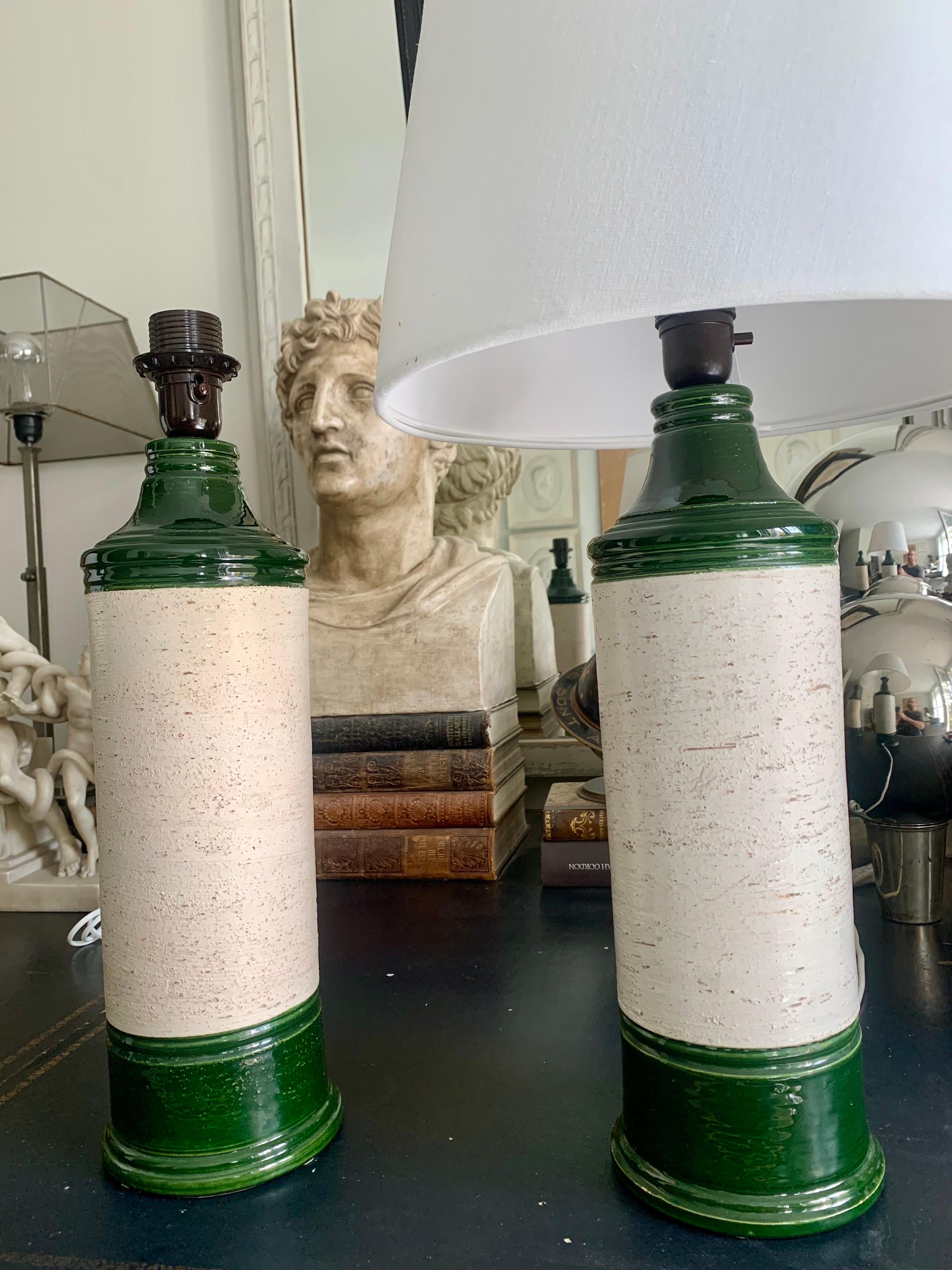 Pair Bitossi Enameled Green Glazec Ceramic Table Lamps For Sale 1