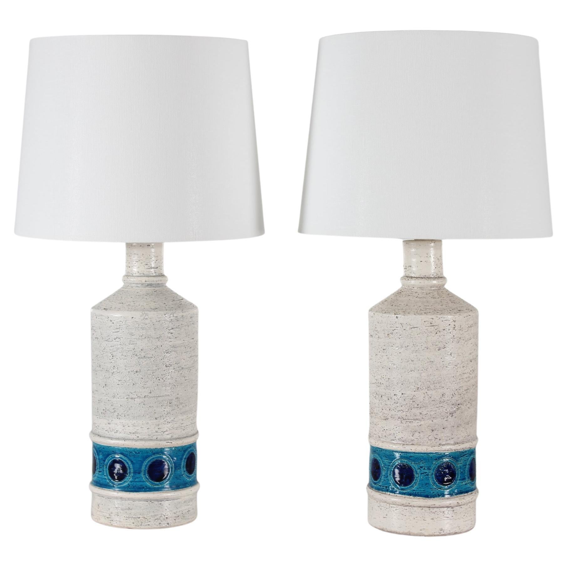 Pair Bitossi Italy Tall Ceramic Table Lamps White and Blue with New Lampshades