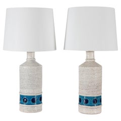 Pair Bitossi Italy Tall Ceramic Table Lamps White and Blue with New Lampshades