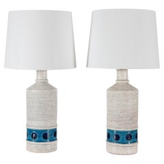 Pair Bitossi Italy Tall Ceramic Table Lamps White and Blue with New Lampshades Pair Bitossi Italy Tall Ceramic Table Lamps White and Blue with New Lampshades