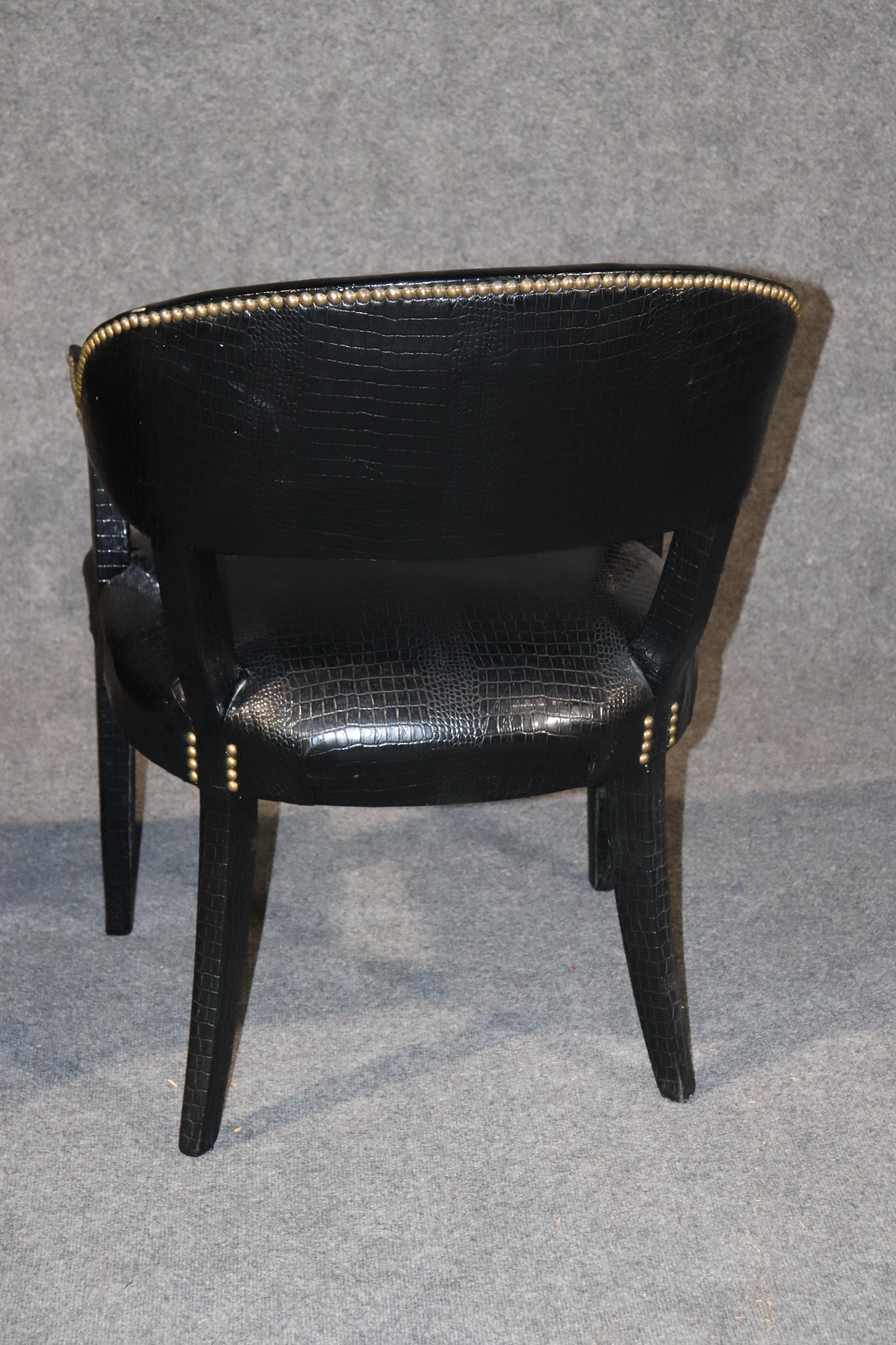 Pair Black Alligator Printed Faux Leather Brass Studded Occasional Office Chairs 2