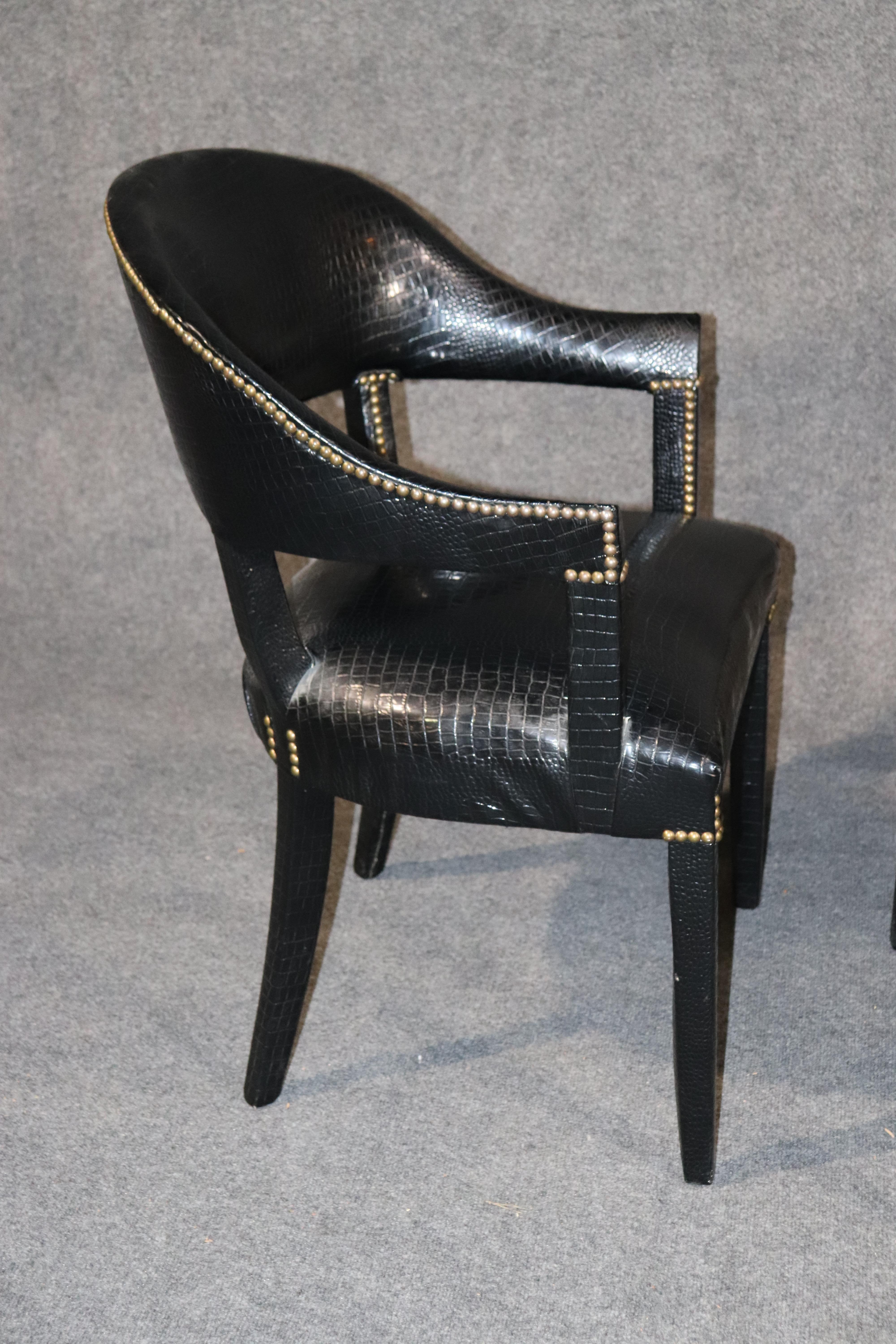 Late 20th Century Pair Black Alligator Printed Faux Leather Brass Studded Occasional Office Chairs