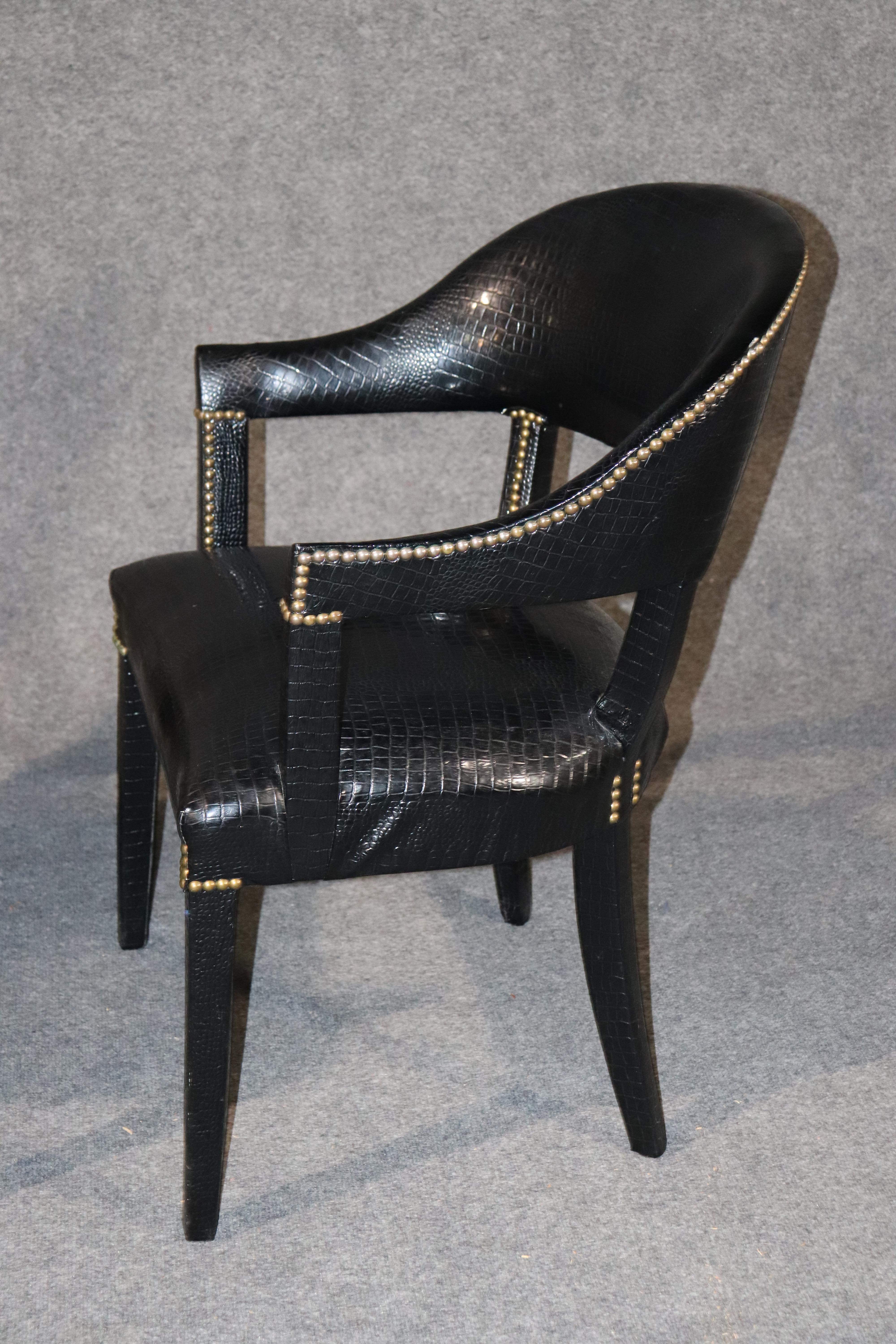 Mahogany Pair Black Alligator Printed Faux Leather Brass Studded Occasional Office Chairs