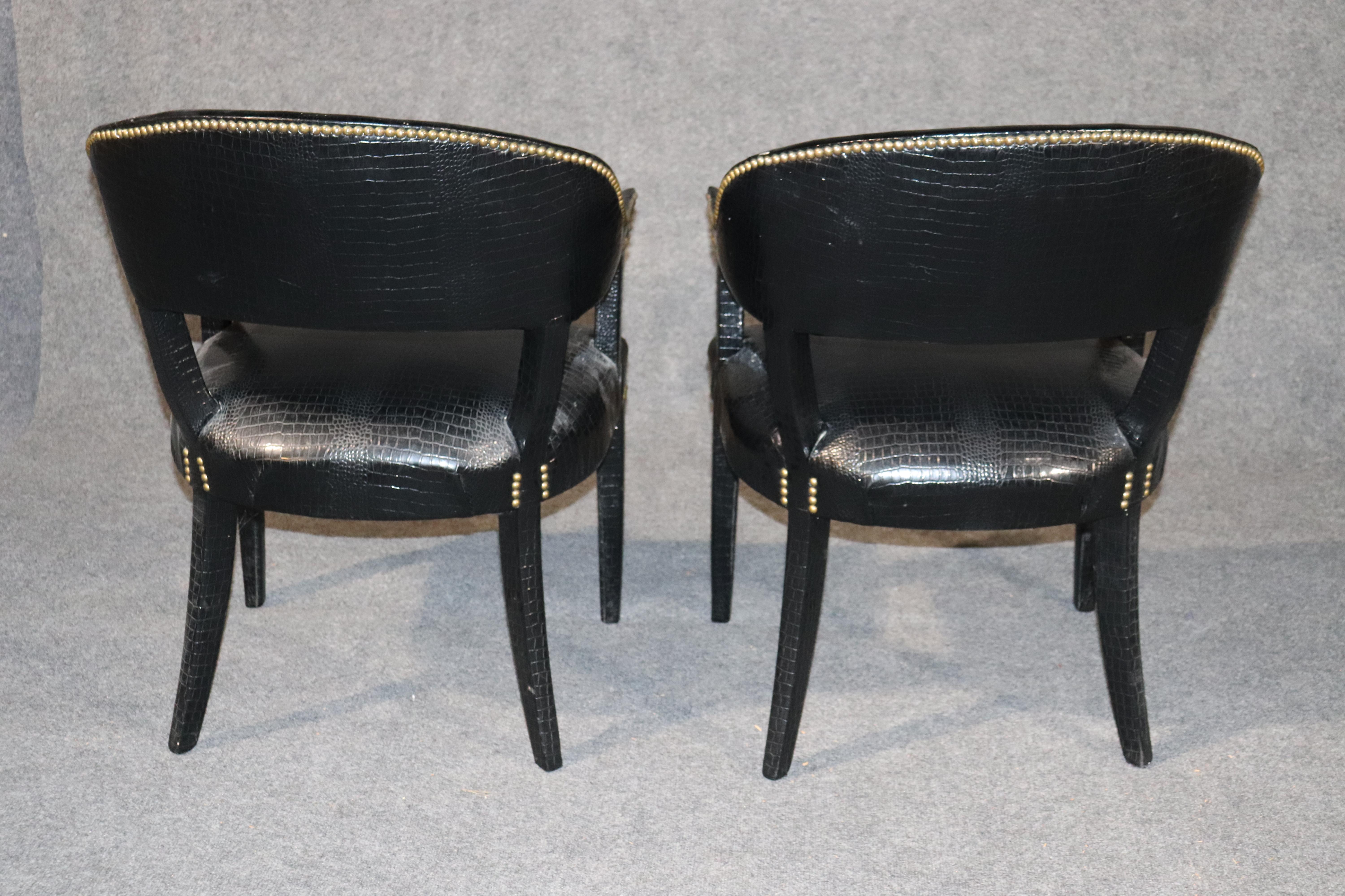 Pair Black Alligator Printed Faux Leather Brass Studded Occasional Office Chairs 1