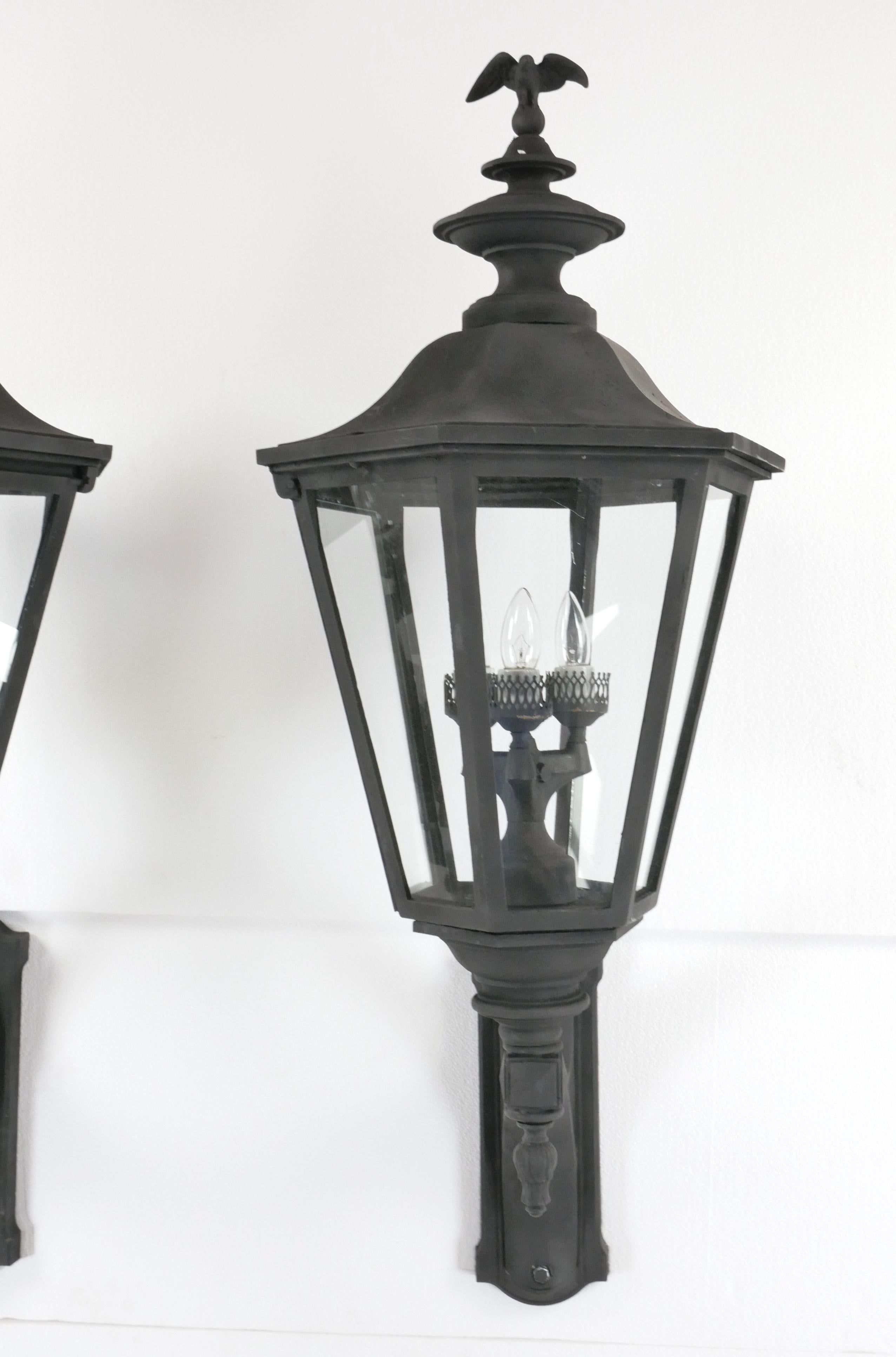 Pair Black Aluminum Eagle Exterior Lantern Wall Sconces In Good Condition For Sale In New York, NY