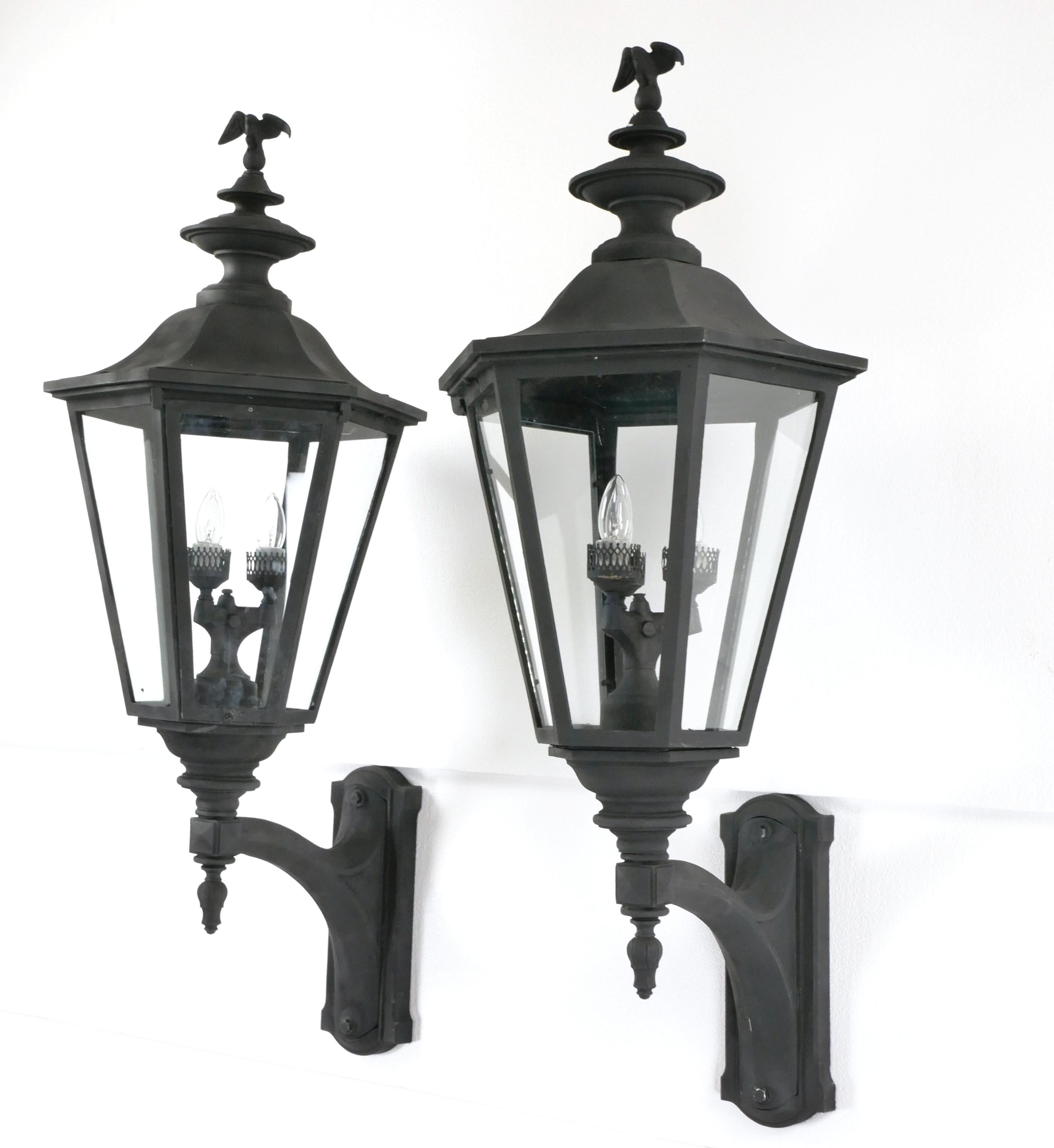 20th Century Pair Black Aluminum Eagle Exterior Lantern Wall Sconces For Sale